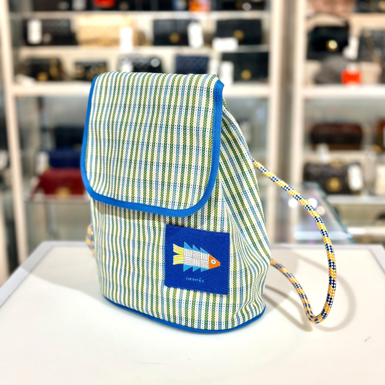 全新HERMES兒童背包,藍色條紋帆布, H103996M, 01, Animaux Nattes, backpack,#BRAND NEW #香榭站正品