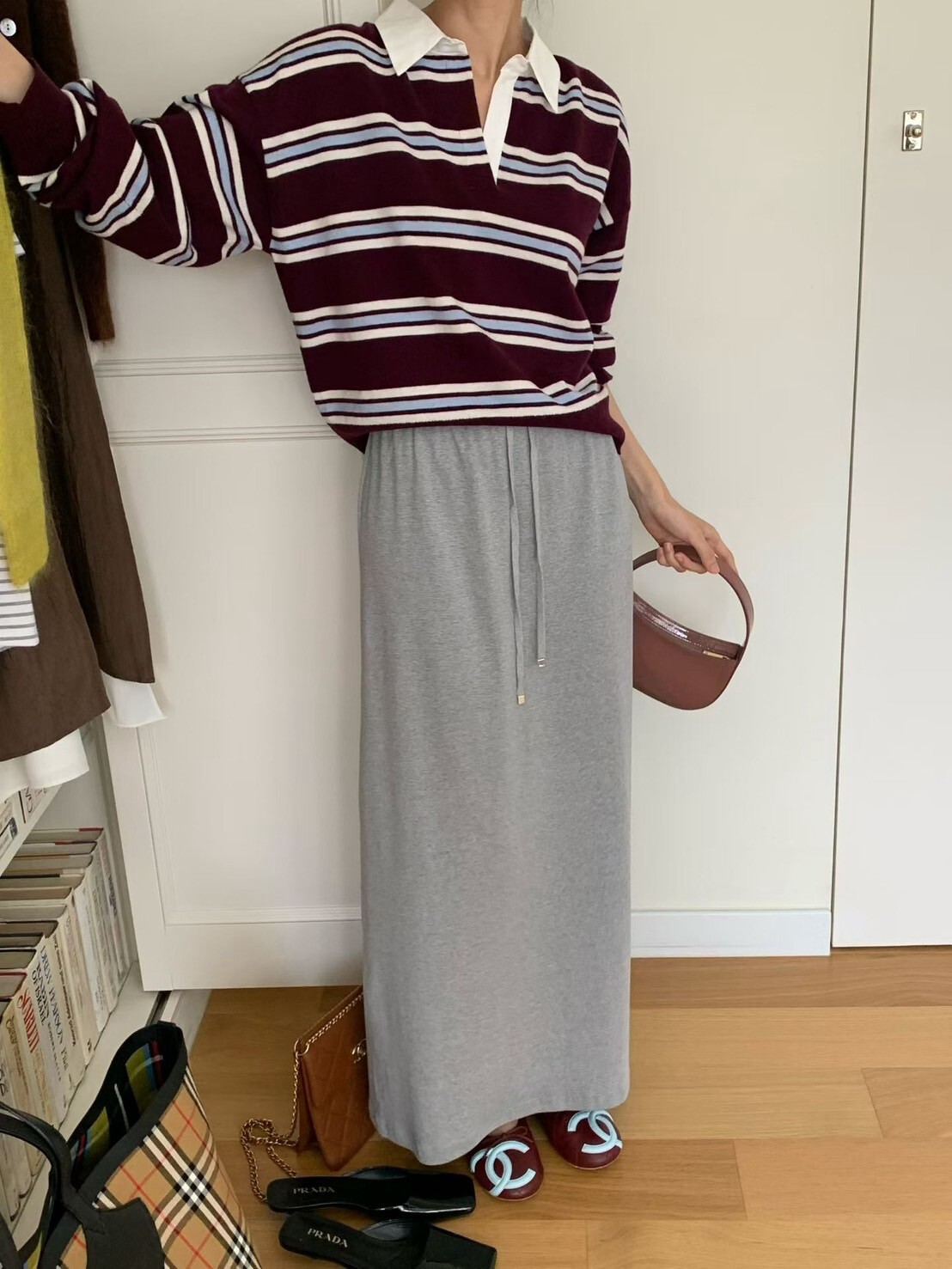休閒氣息鬆緊腰綁帶造型修身棉質長裙 / 3色