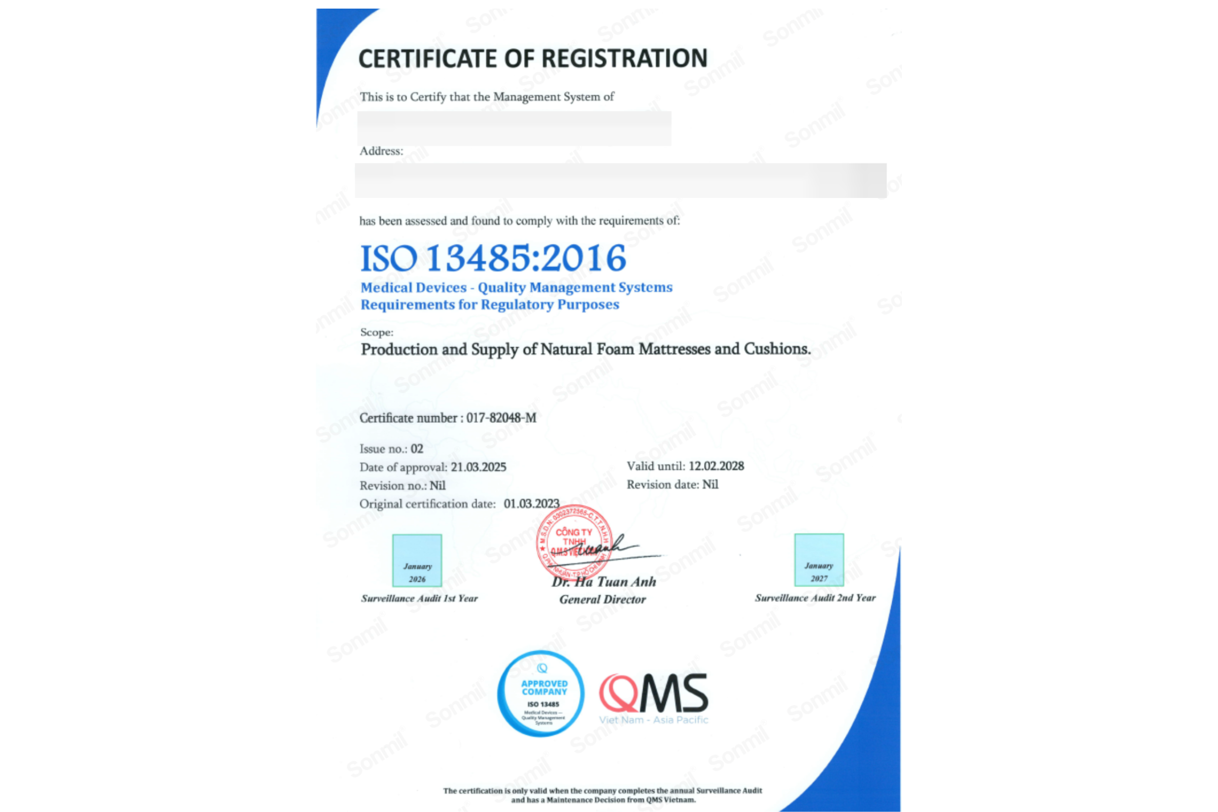 森好眠 Sonmil 天然乳膠床墊 ISO 13485:2016 醫療器材品質管理系統認證證書