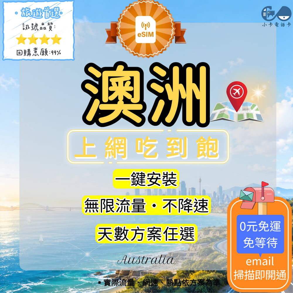 【eSIM】澳洲網卡全方案｜吃到飽·每日型·總量型·彈性方案選擇〈快速啟用、免運即時開通、天數客制化〉