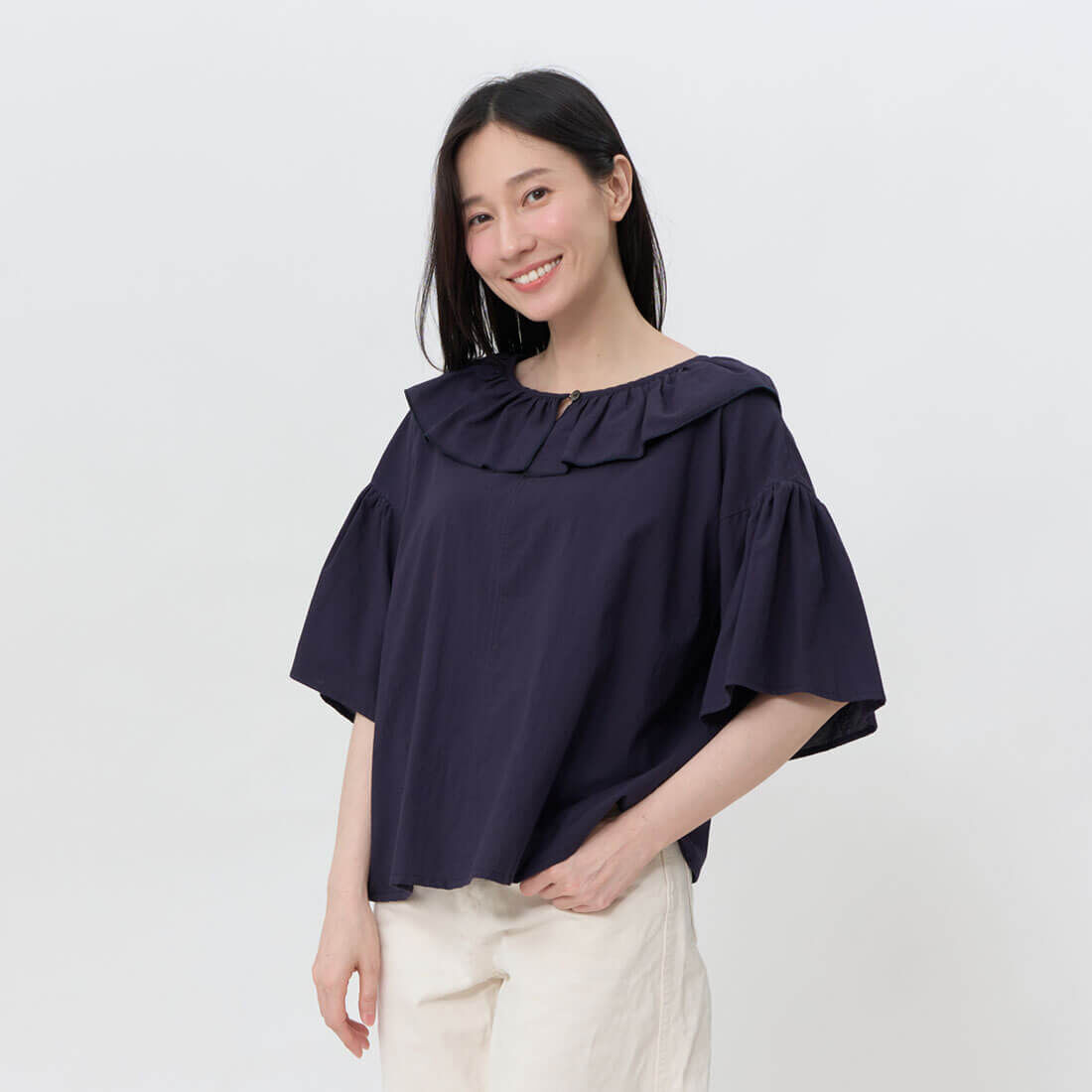 Alina荷葉領喇叭袖寬鬆純棉上衣/深藍