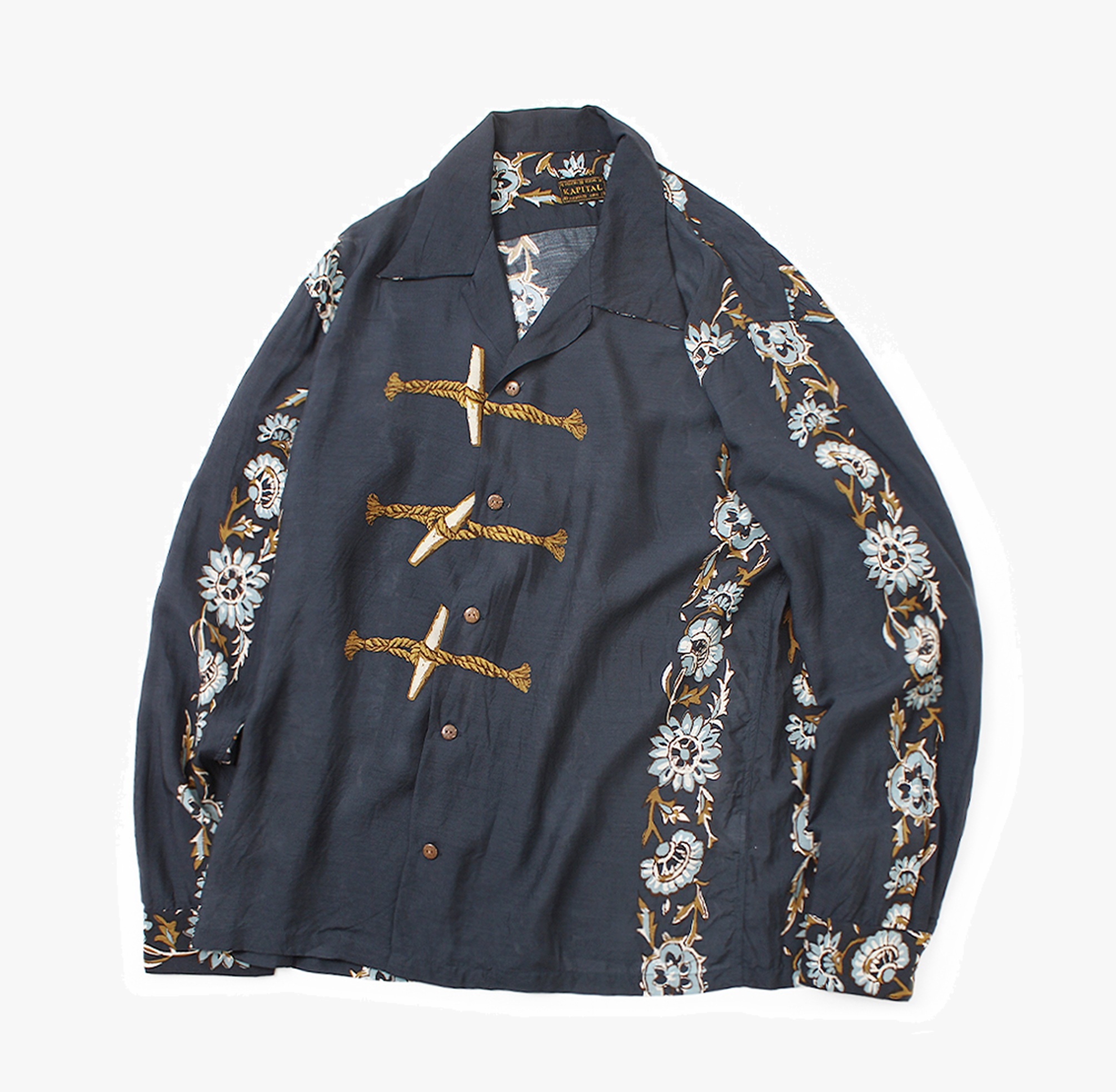 KAPITAL Silk rayon toggle-maile print long-sleeved open-collar shirt Linen clip shirt - PRE ORDER ITEM (預訂中)