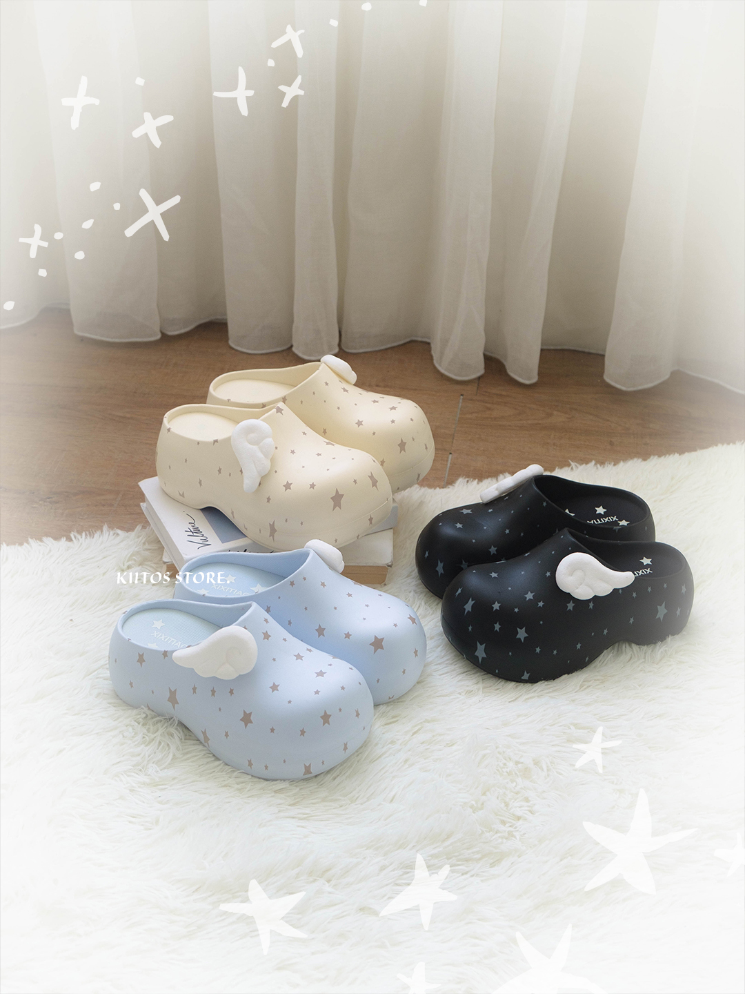 【預購】星星 翅膀 防水 厚底 增高 包頭 半拖鞋 穆勒鞋 3色