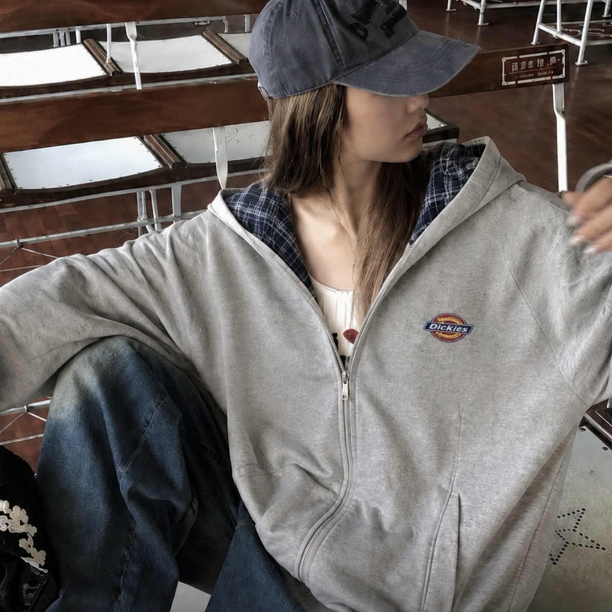 (預購）Dickies 格紋線條連帽外套 拉鍊 撞色 格子 寬鬆