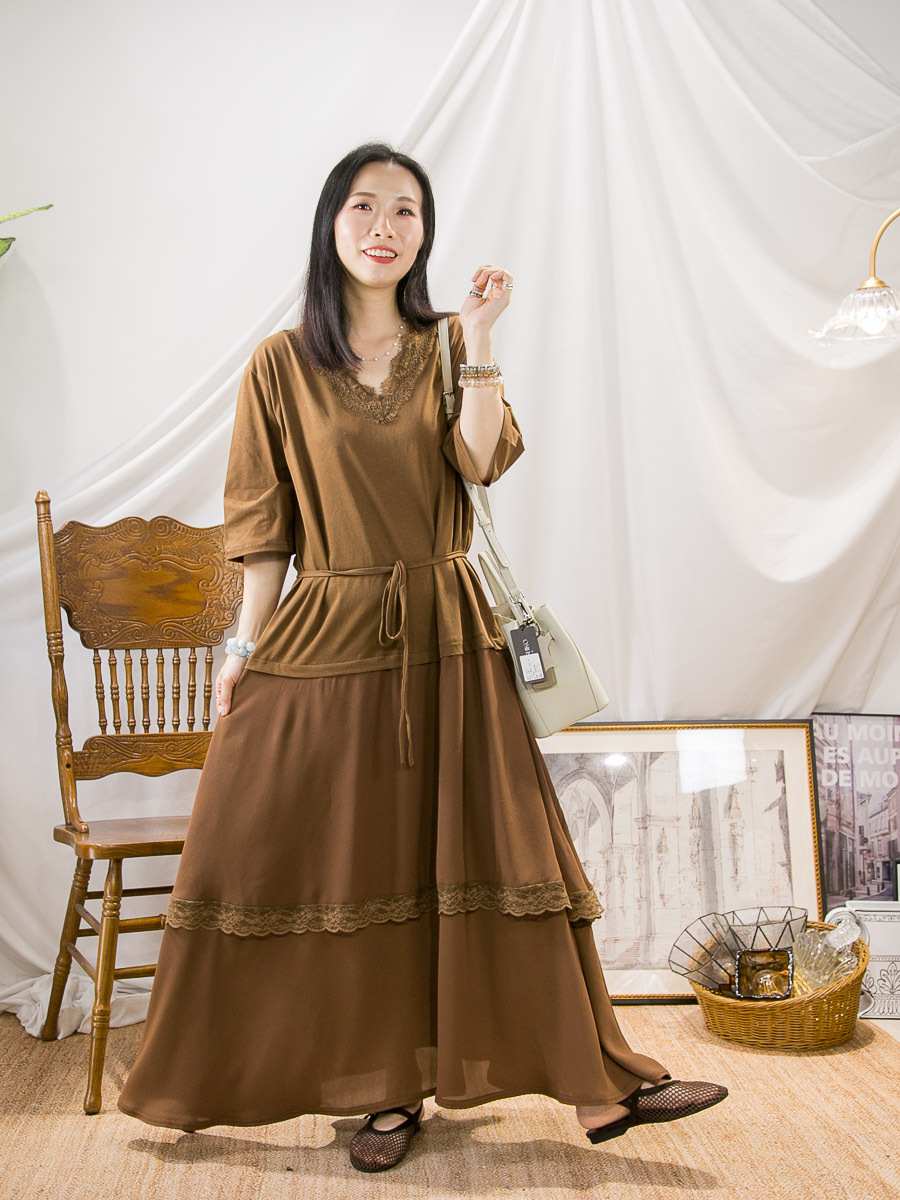 V領邊LACE．下擺兩層雪紡料．COTTON料OPS