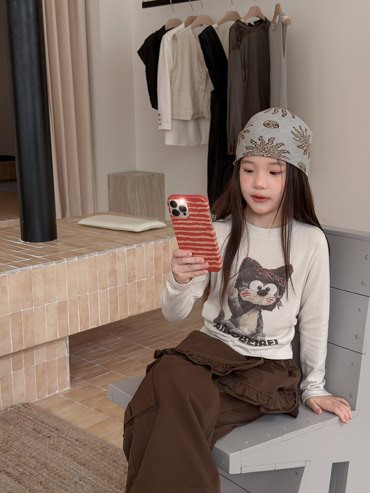 復古杏色小貓上衣