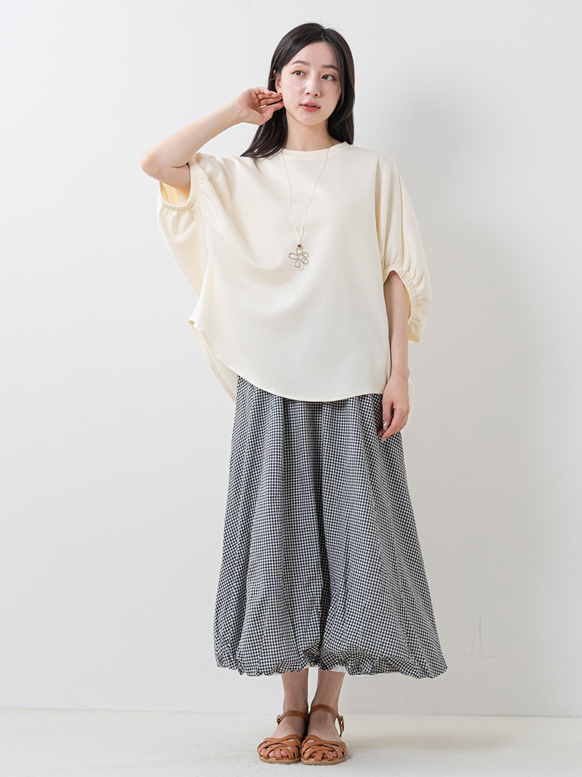 空氣棉連袖抓皺袖口上衣格紋花苞氣球長裙組合