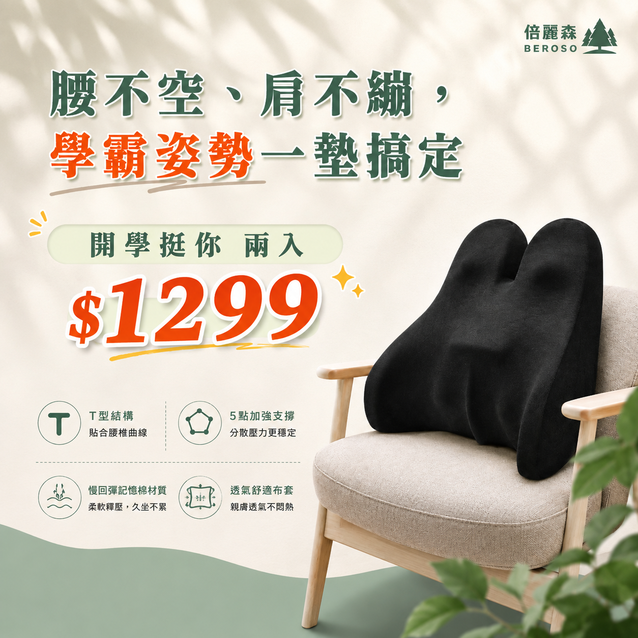 5D加強支撐美姿護脊靠背墊 單入/兩入組 B00039