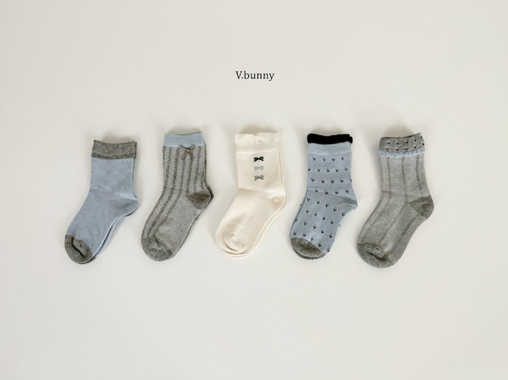 正韓秋Vbunny 灰藍色系蝴蝶結襪(五入)