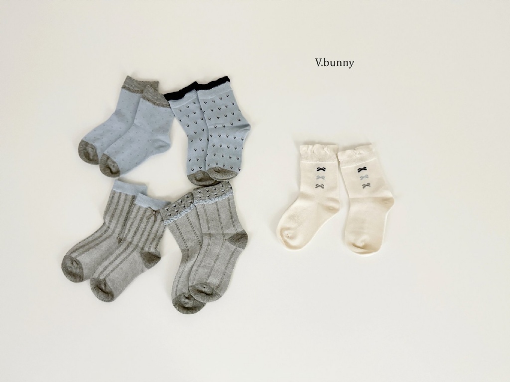 正韓秋Vbunny 灰藍色系蝴蝶結襪(五入)