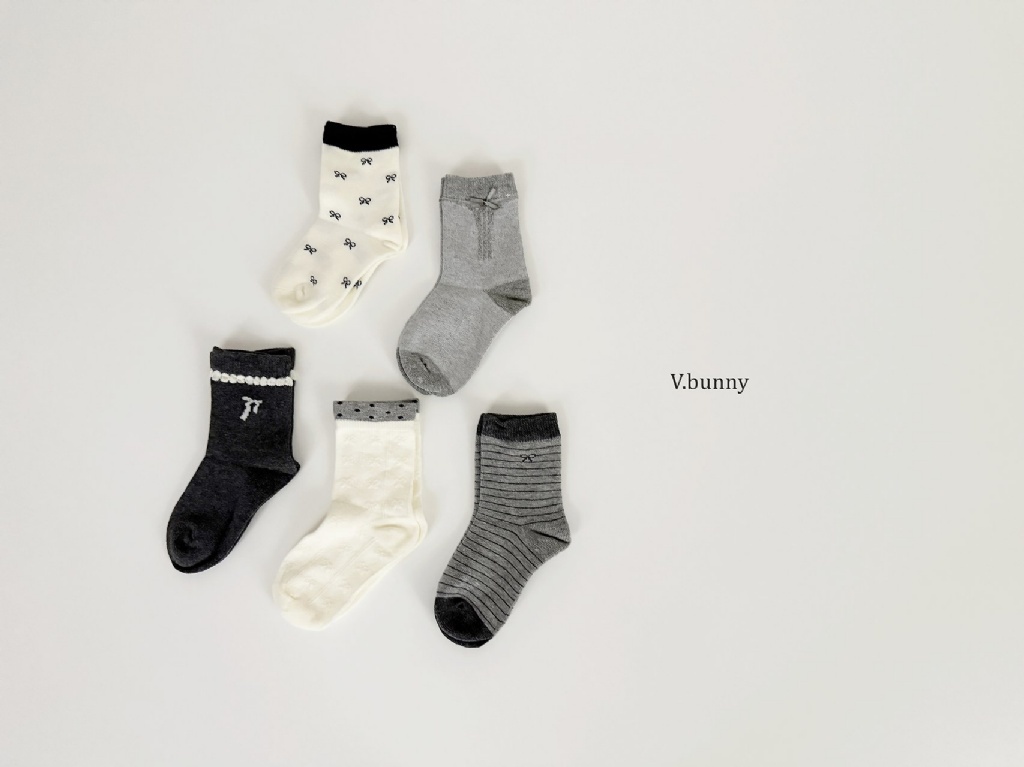 正韓秋Vbunny 白黑灰色系蝴蝶結襪(五入)