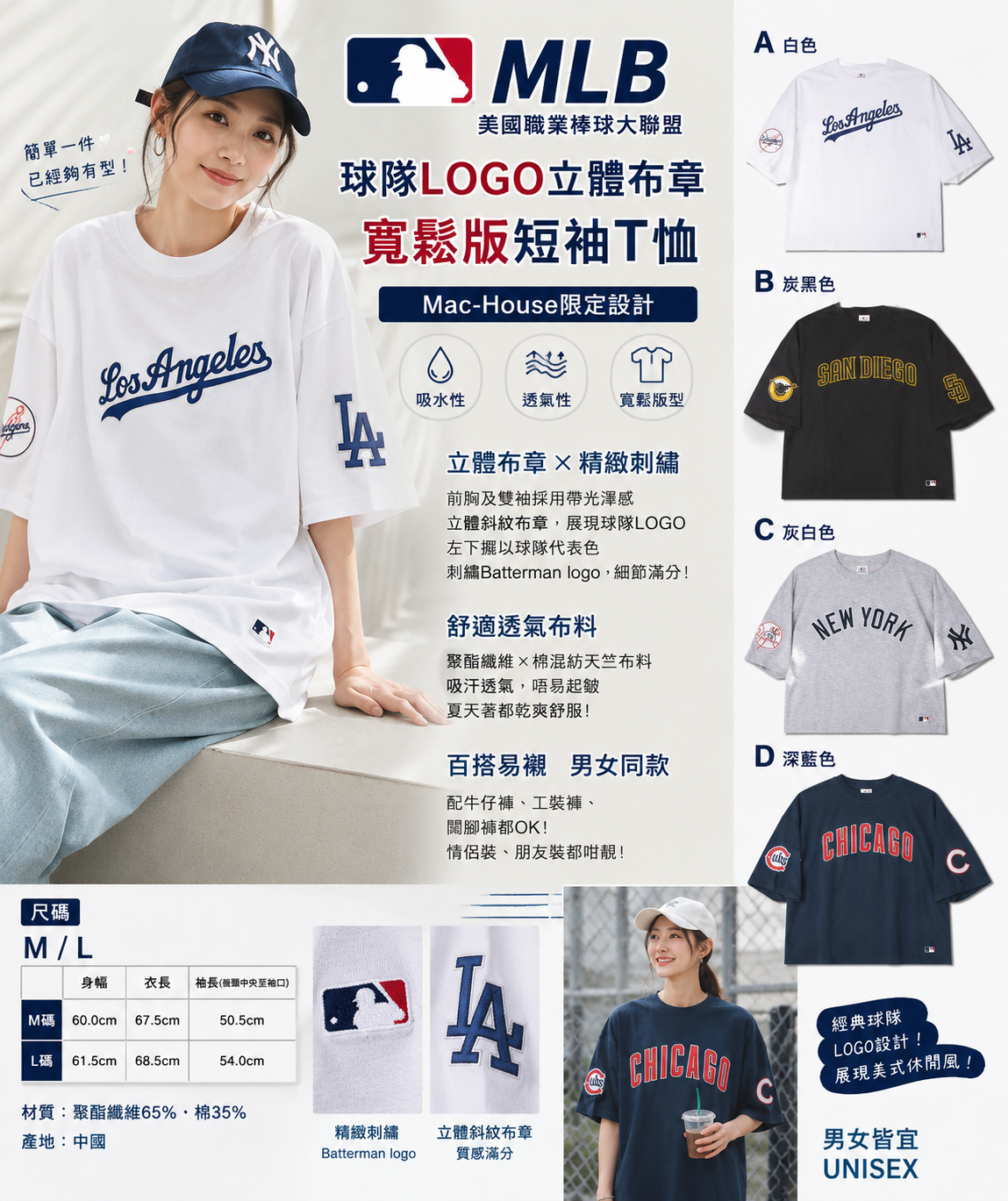 【預購】J081401 MLB LOGO立體布章 寬鬆版短袖T恤