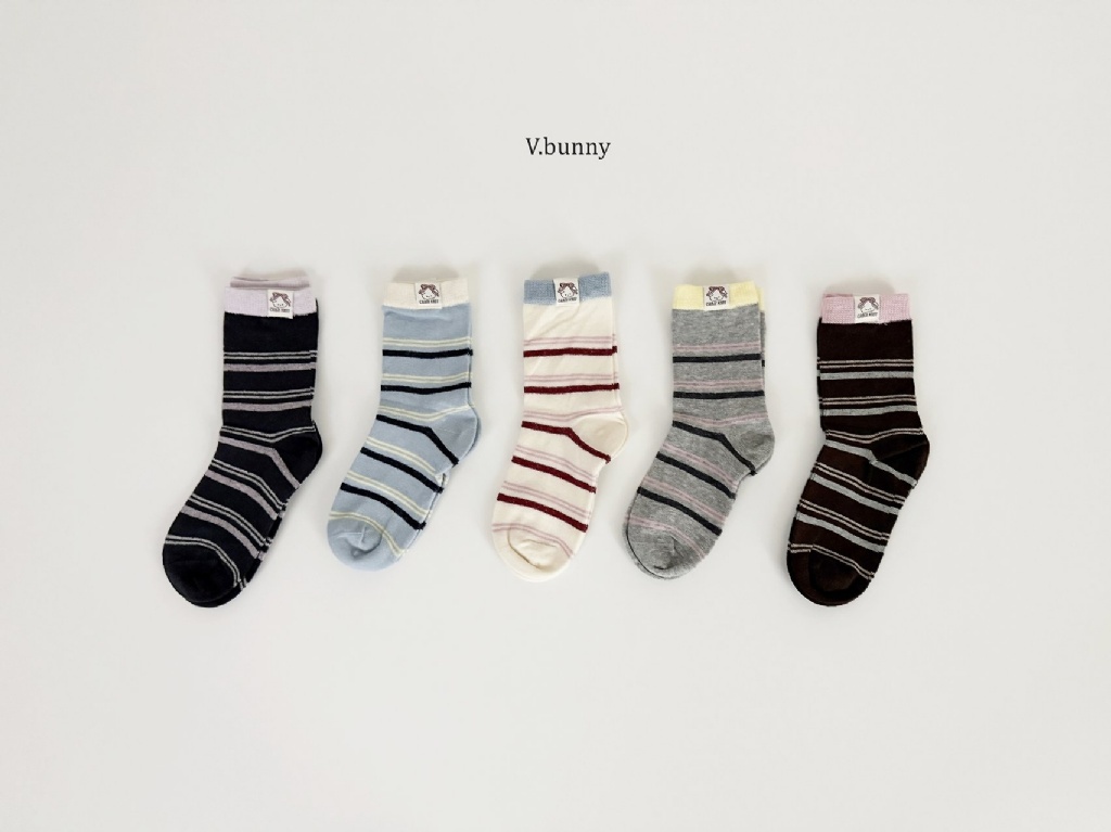 正韓秋Vbunny 多色條文拼接襪(五入)