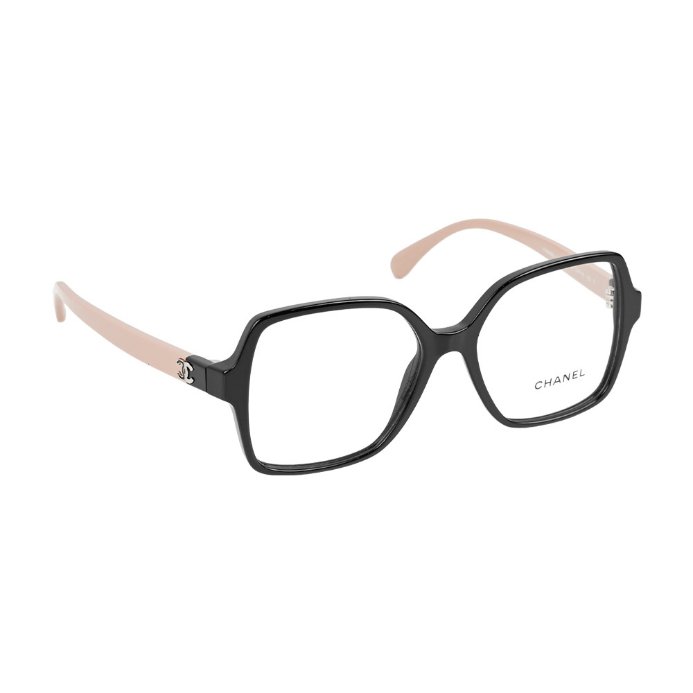 【CHANEL】撞色CC Logo 方框眼鏡 53/55mm (黑色/米色)