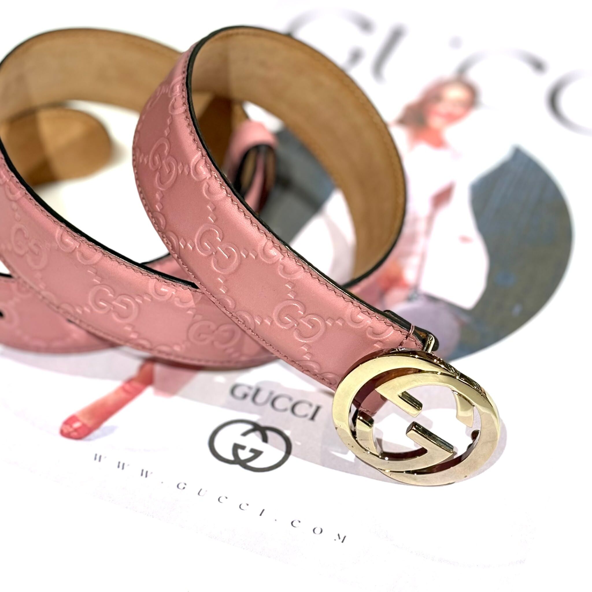 95%NEW二手GUCCI皮帶, 80碼, 3.5CM ,370543,粉紅色全皮金扣,GUCCI BELT, #香榭站正品