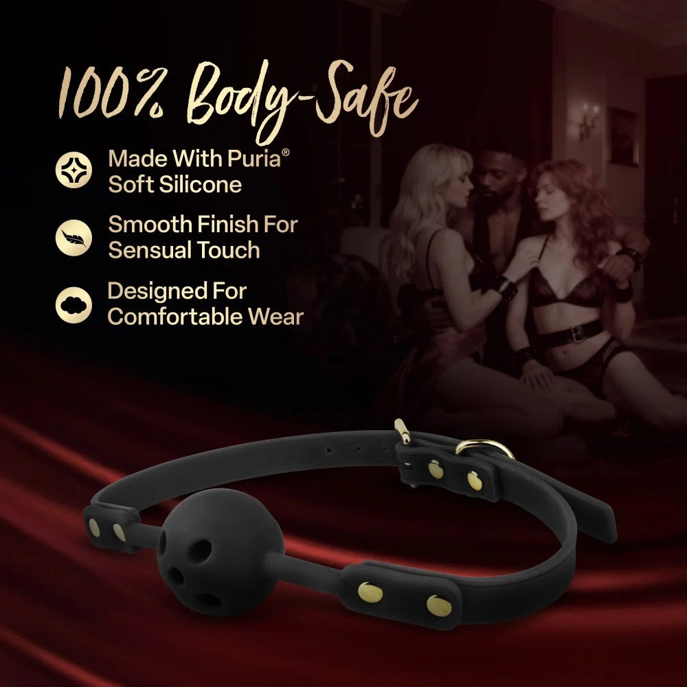 Blush Temptasia Ardor Breathable Gag for beginners, displaying the black 100% body-safe Puria silicone material on red satin.