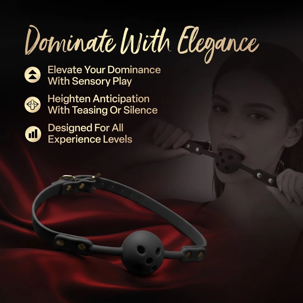 Blush Temptasia Ardor Breathable Gag couples play, featuring the elegant black gag and a female model in an anticipated scene.