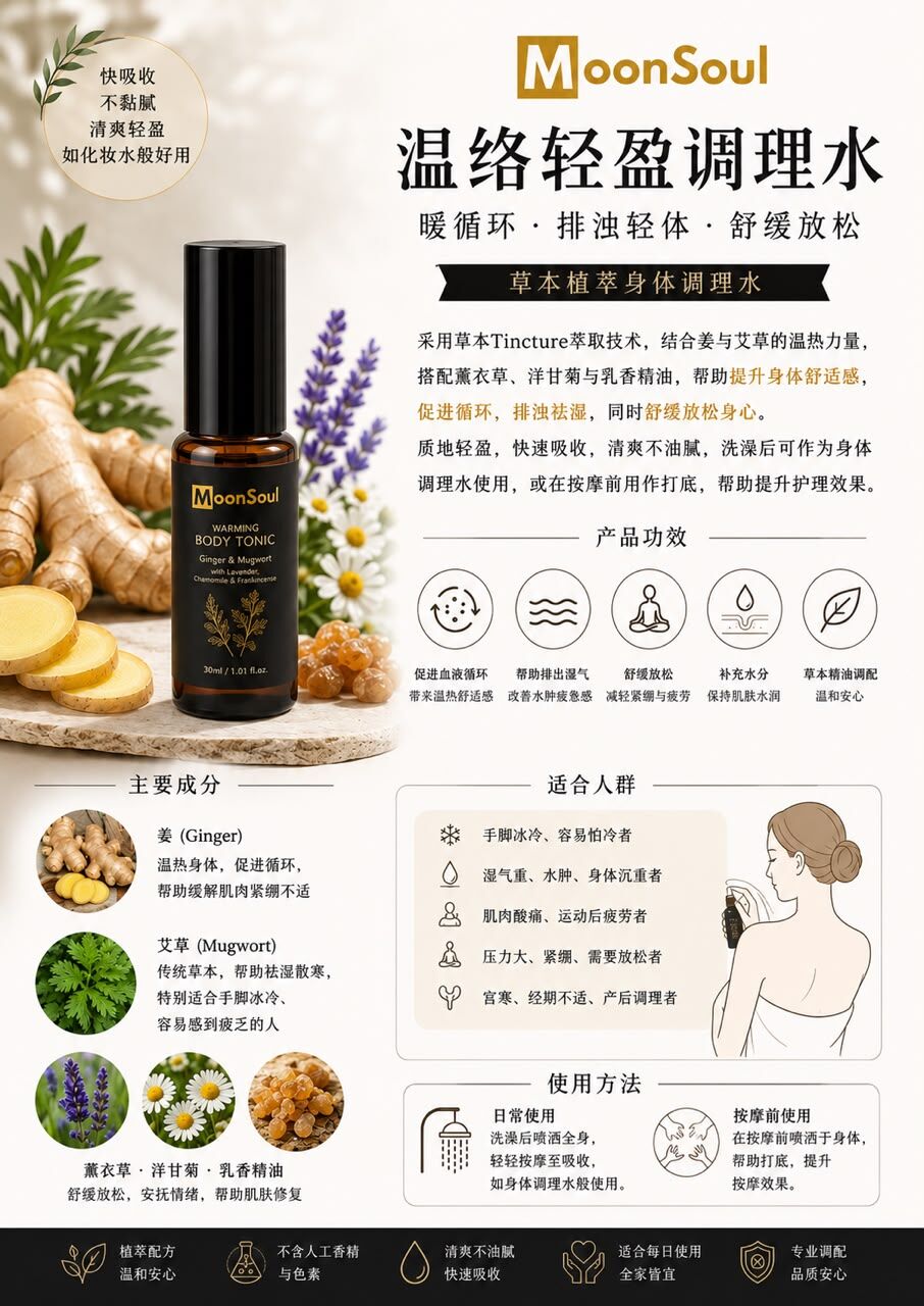 MOONSOUL 溫絡輕盈調理水 30ml (2件優惠裝)｜草本祛濕排濁/暖循環舒緩 (清爽不黏膩如身體化妝水)