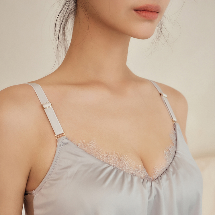 SET【Beauty Sleep · Night Bra】Double C Silky Satin Pyjamas (Grey)