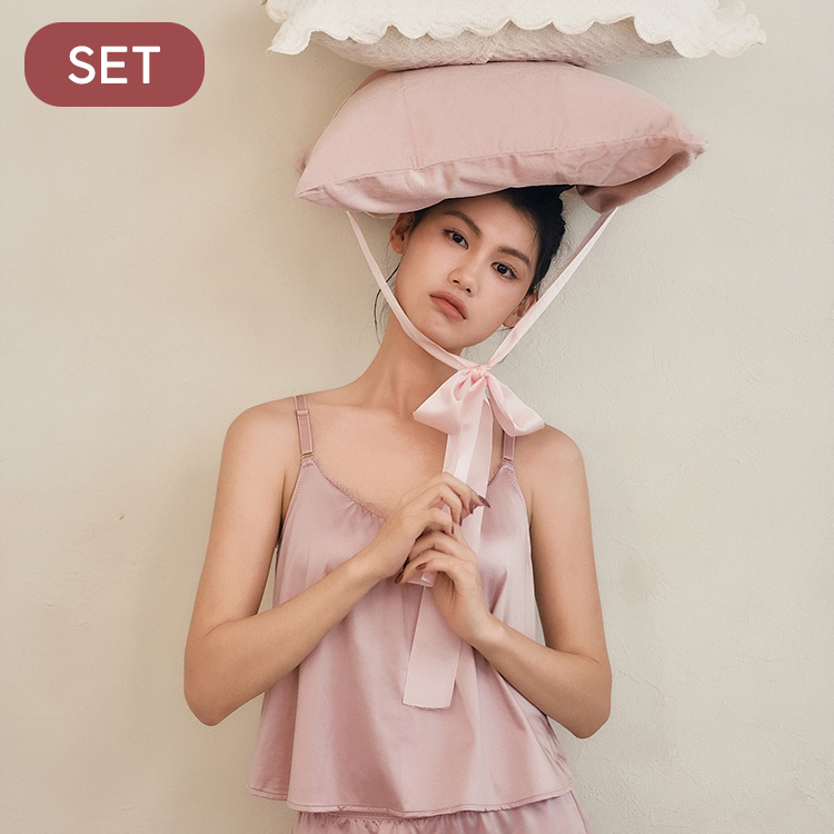 SET【Beauty Sleep · Night Bra】Double C Silky Satin Pyjamas (Soda Pink)