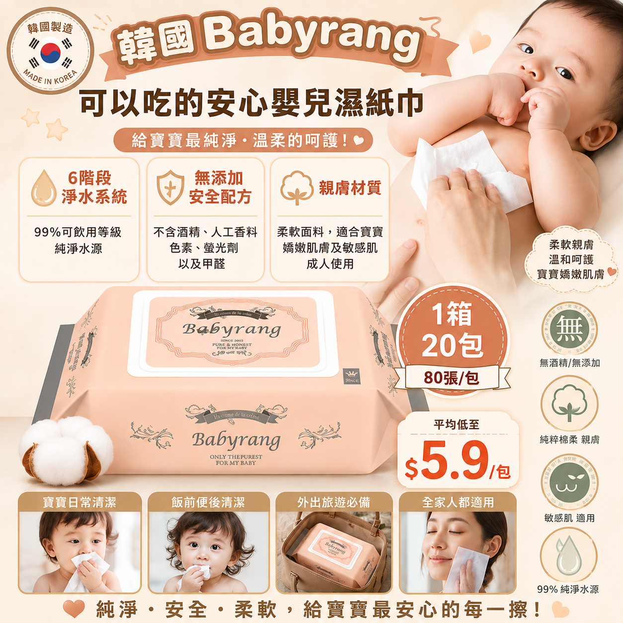 【UB10054】韓國Babyrang可以吃的安心嬰兒濕紙巾 80張 (1箱20包)