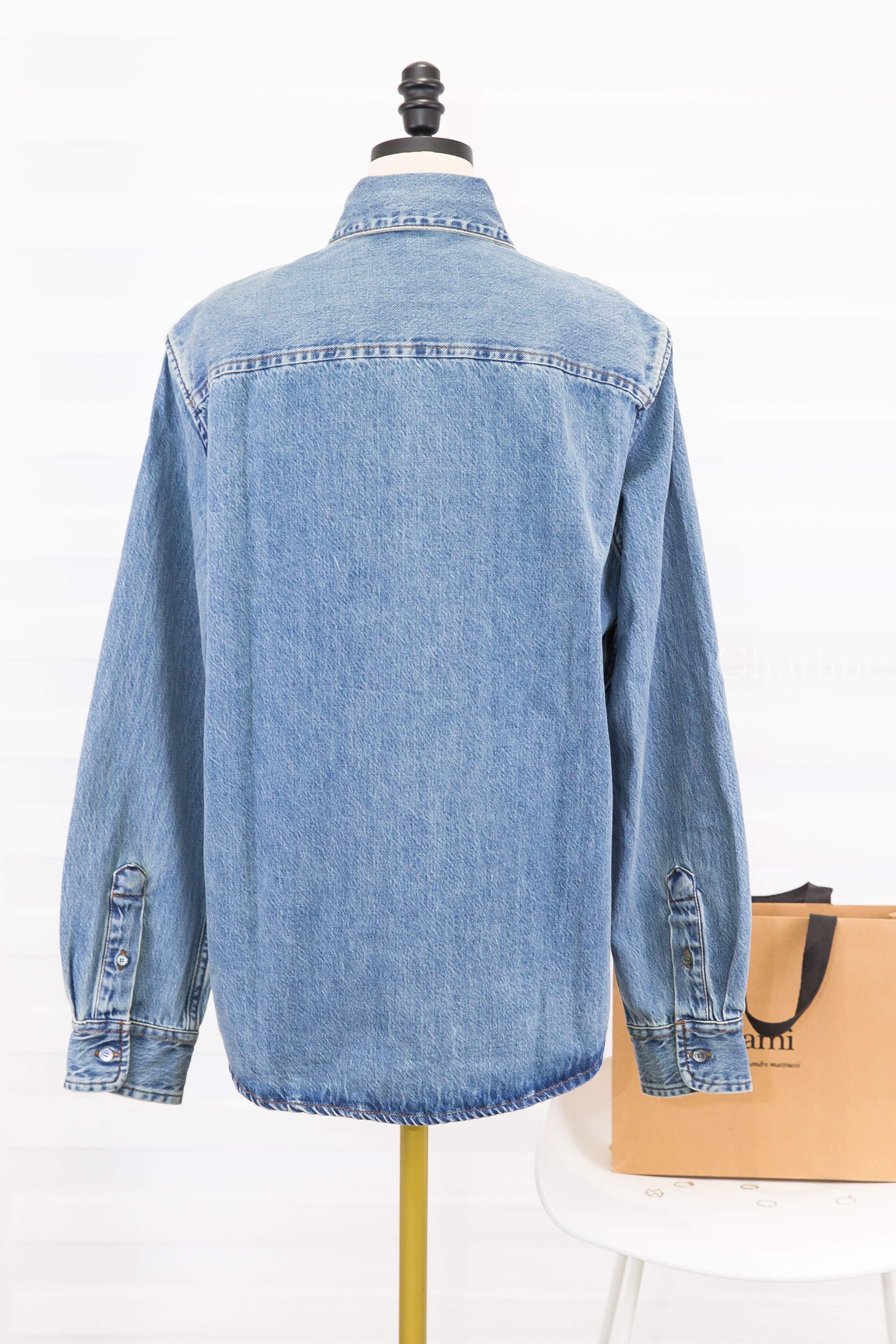 Ami Paris Blue Denim Shirt With Ami De Coeur 復古藍咖啡色刺繡小愛心丹寧棉質牛仔長袖襯衫-Charline Boutique 精品代購