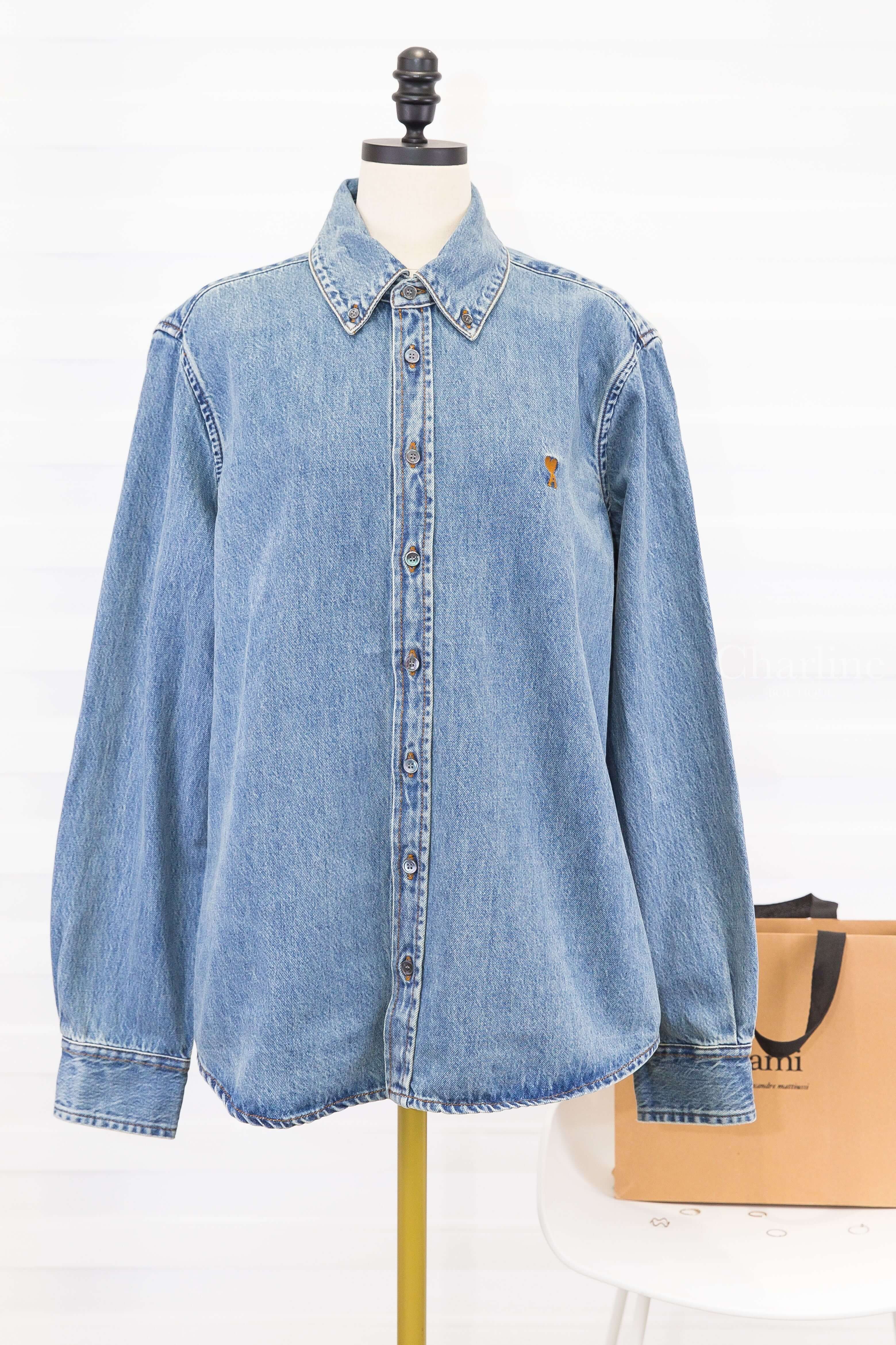 Ami Paris Blue Denim Shirt With Ami De Coeur 復古藍咖啡色刺繡小愛心丹寧棉質牛仔長袖襯衫-Charline Boutique 精品代購