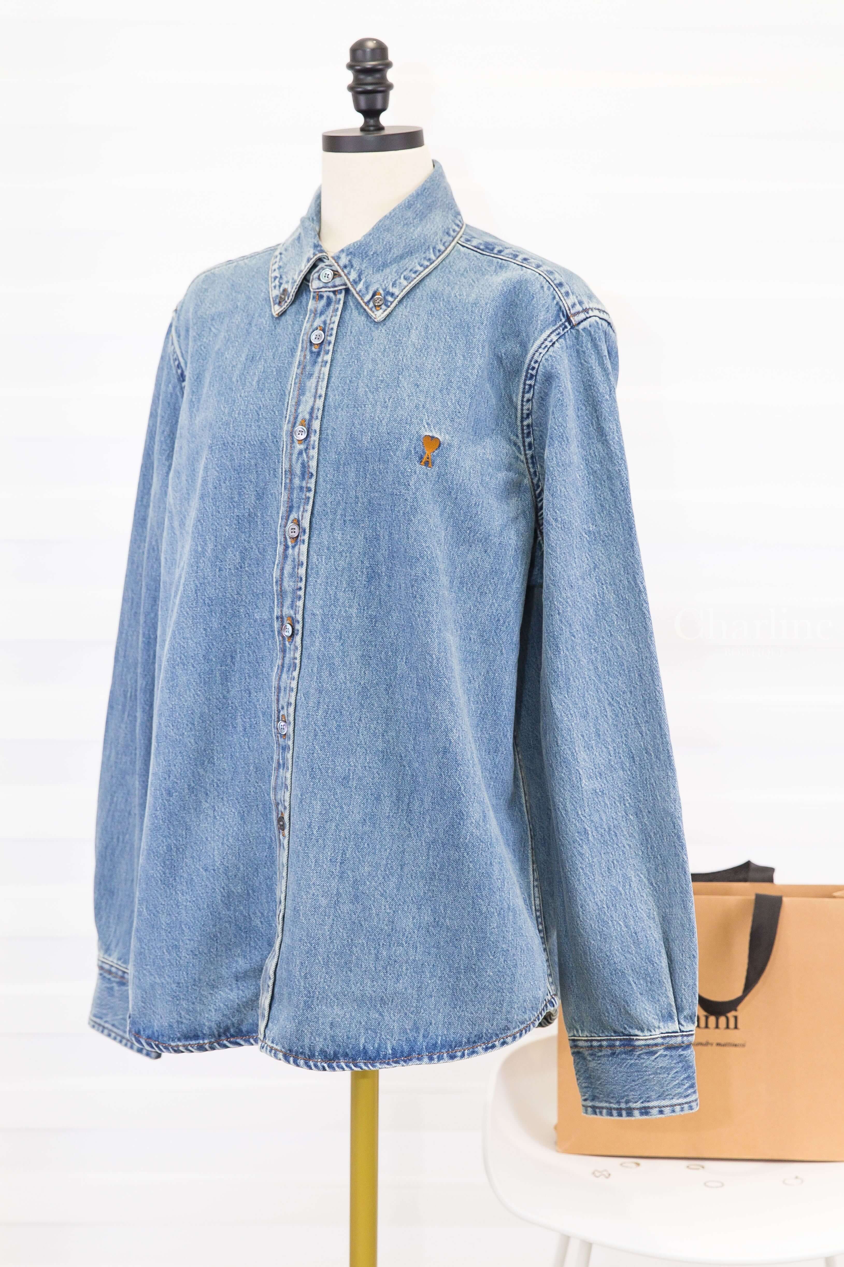 Ami Paris Blue Denim Shirt With Ami De Coeur 復古藍咖啡色刺繡小愛心丹寧棉質牛仔長袖襯衫-Charline Boutique 精品代購