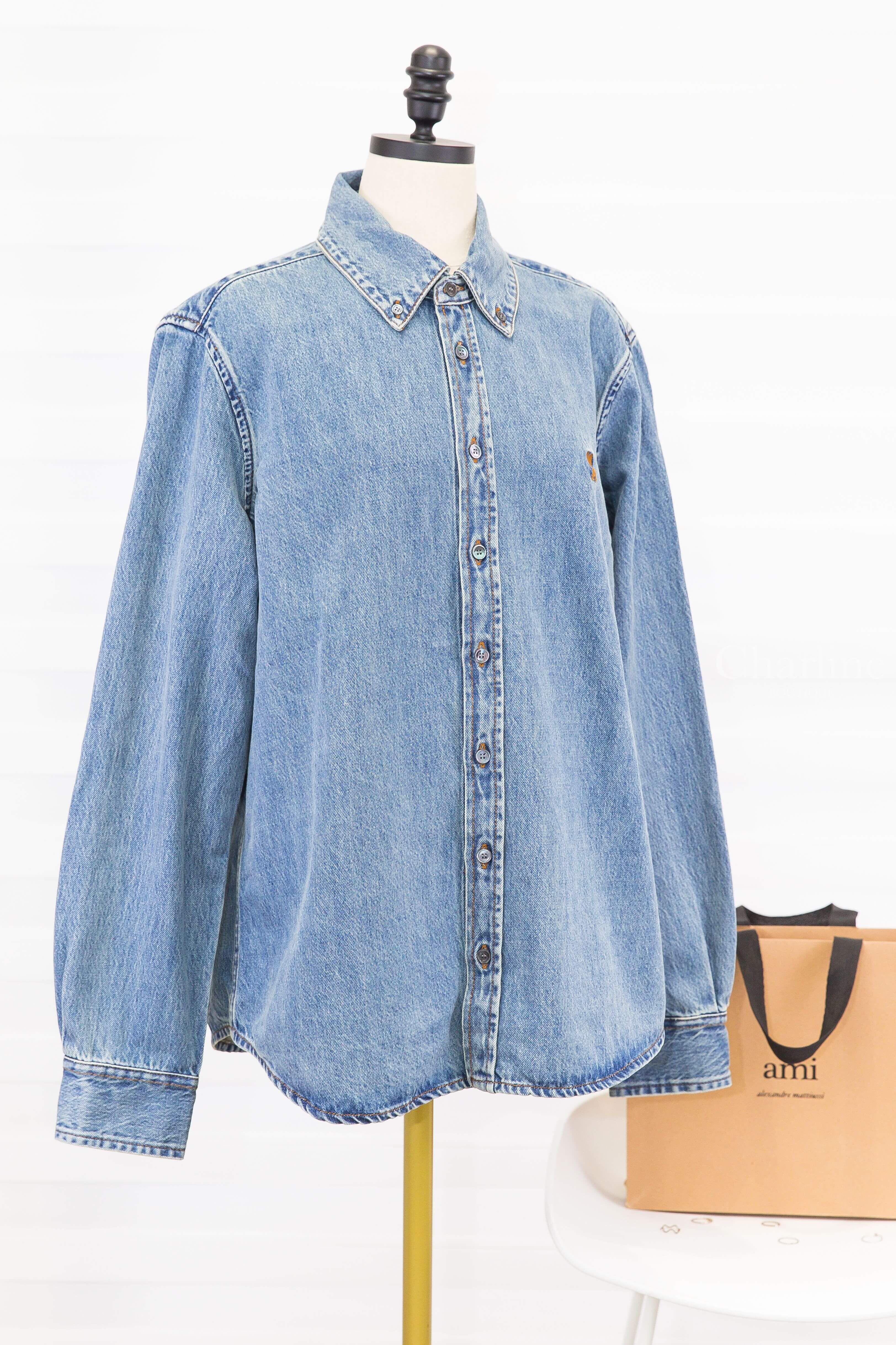 Ami Paris Blue Denim Shirt With Ami De Coeur 復古藍咖啡色刺繡小愛心丹寧棉質牛仔長袖襯衫-Charline Boutique 精品代購