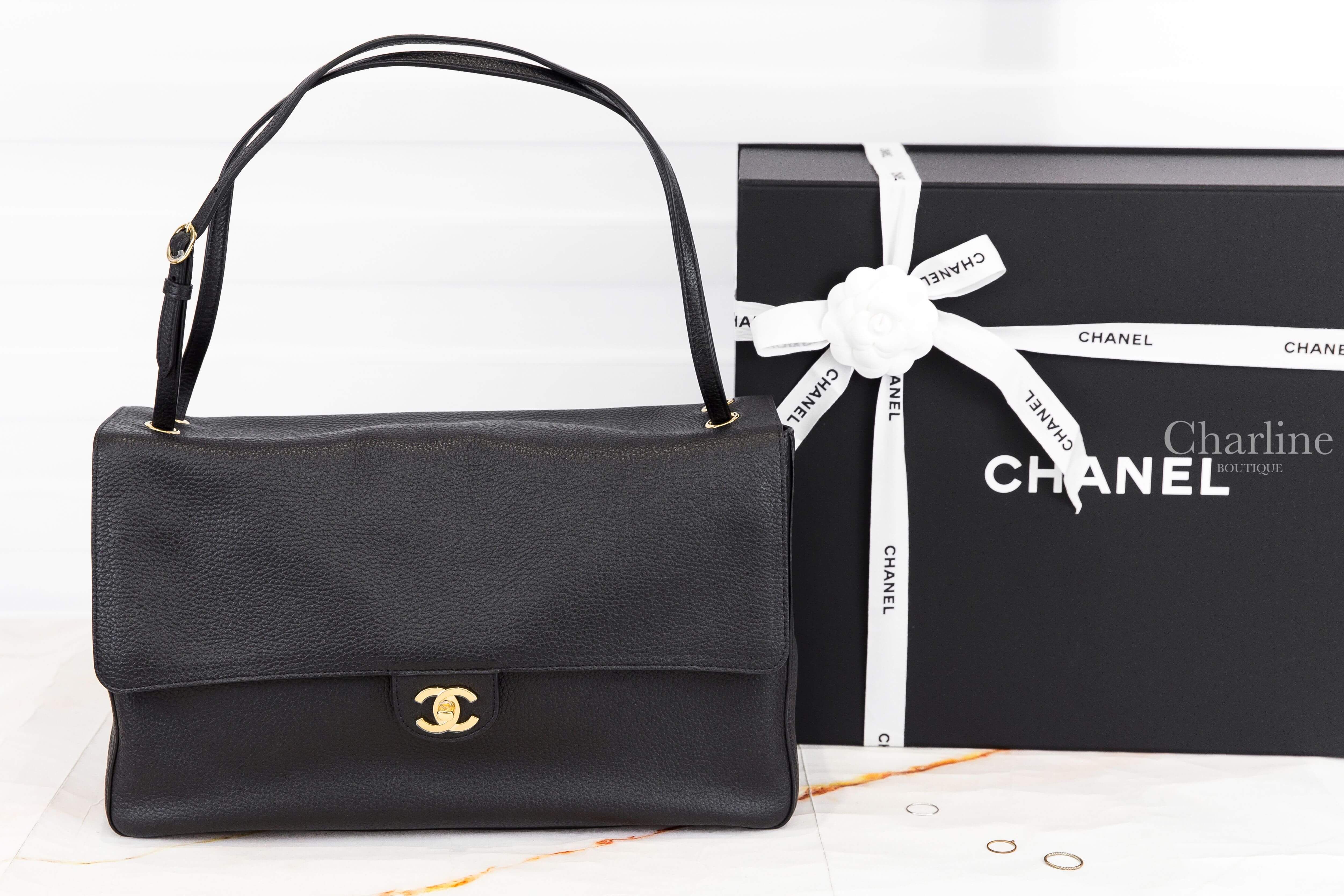 Chanel Maxi Flap Bag 黑色金CC特大型38.5cm荔枝小牛皮酒紅色內裡手提肩背包
