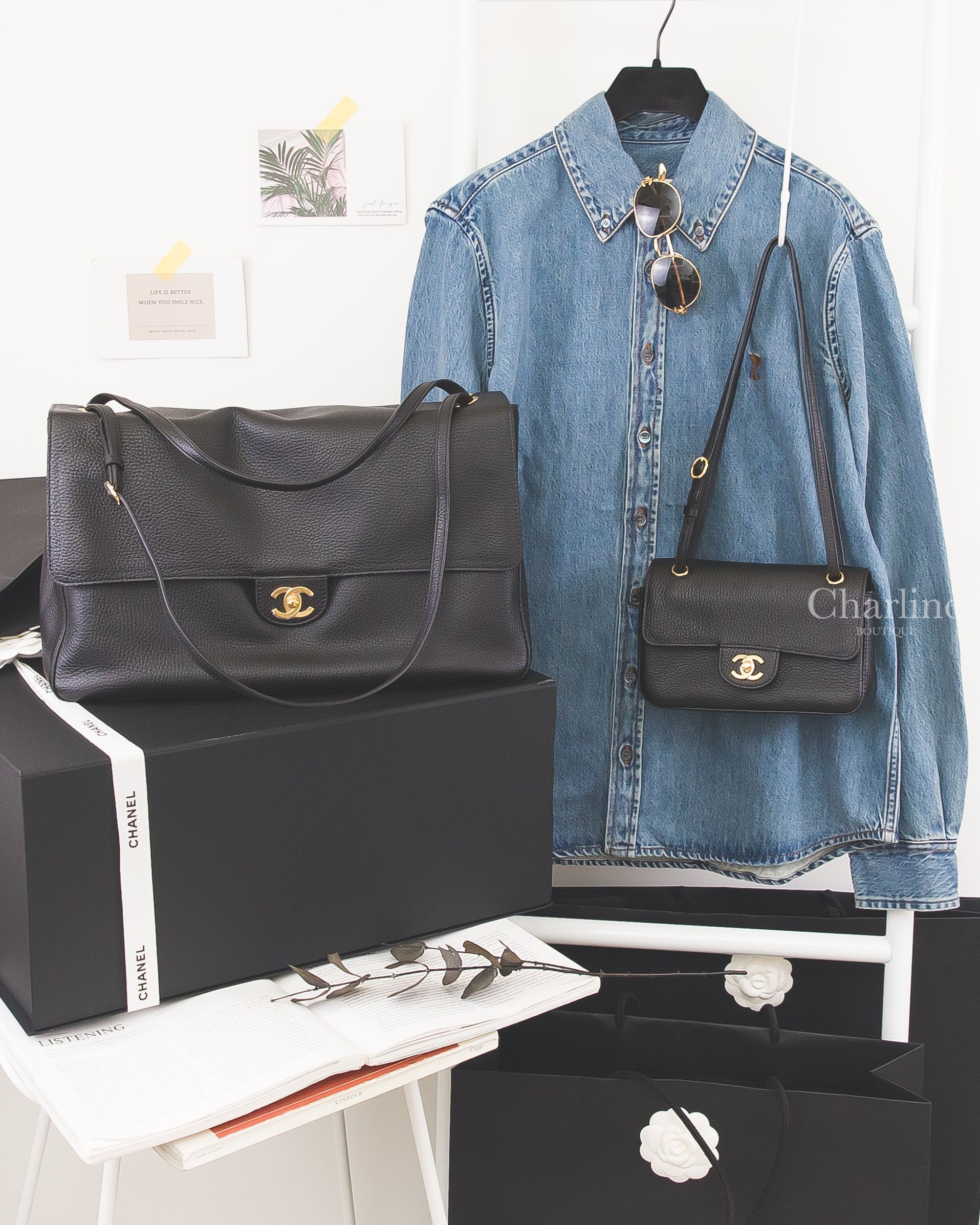 Ami Paris 復古藍咖啡刺繡愛心丹寧長袖襯衫,Chanel Maxi Flap Bag 黑色金CC,Chanel Mini Flap Bag 黑色金CC,Chanel 金色圓框金CC金字太陽眼鏡-Charline Boutique 精品代購