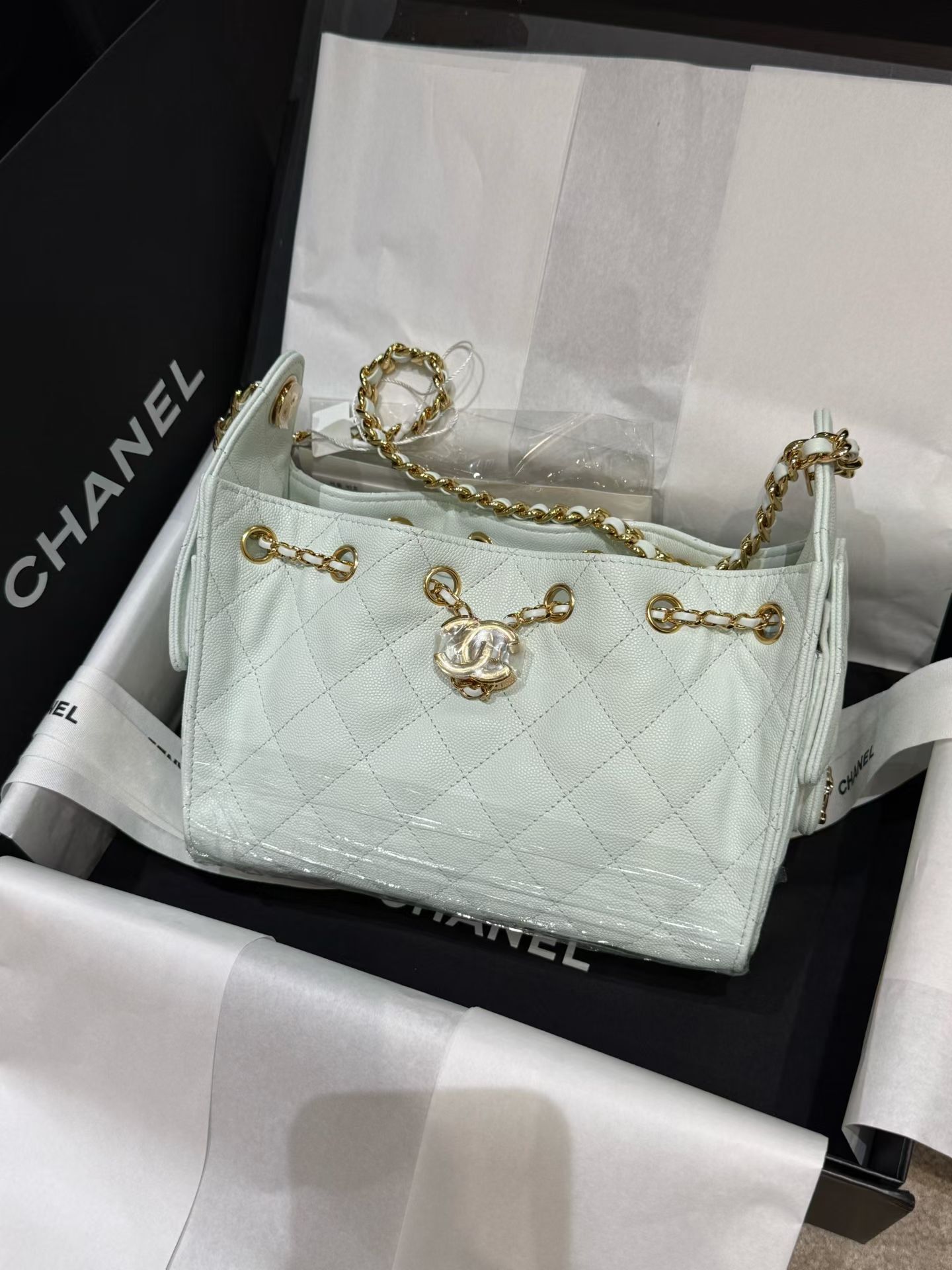 Chanel 25 mini bag 粒紋 小牛皮 迷你 手袋  金扣薄荷綠