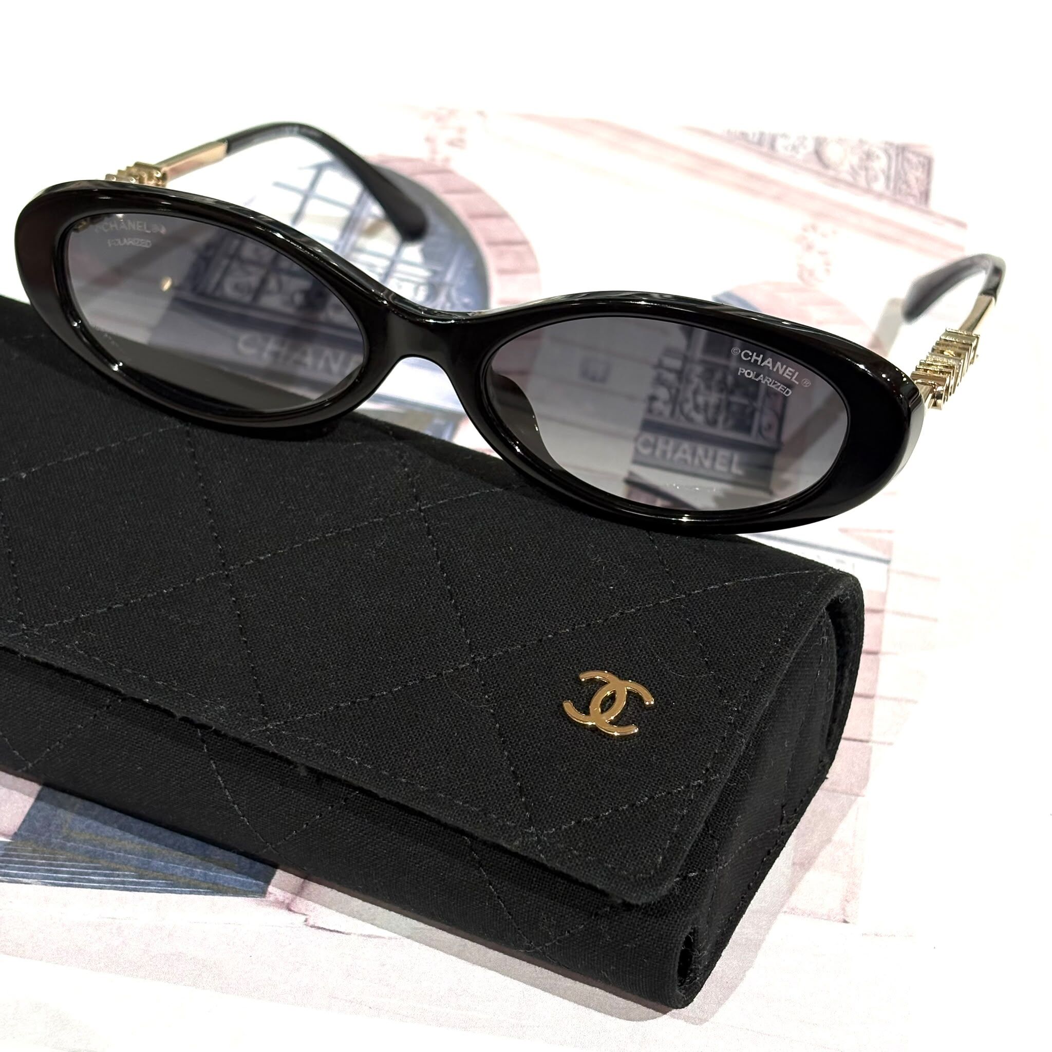 全新CHANEL太陽眼鏡A71781X09961,橢圓形鏡框,黑色醋酸纖維/金屬金色 #SUNGLASSES #BRAND NEW #香榭站正品