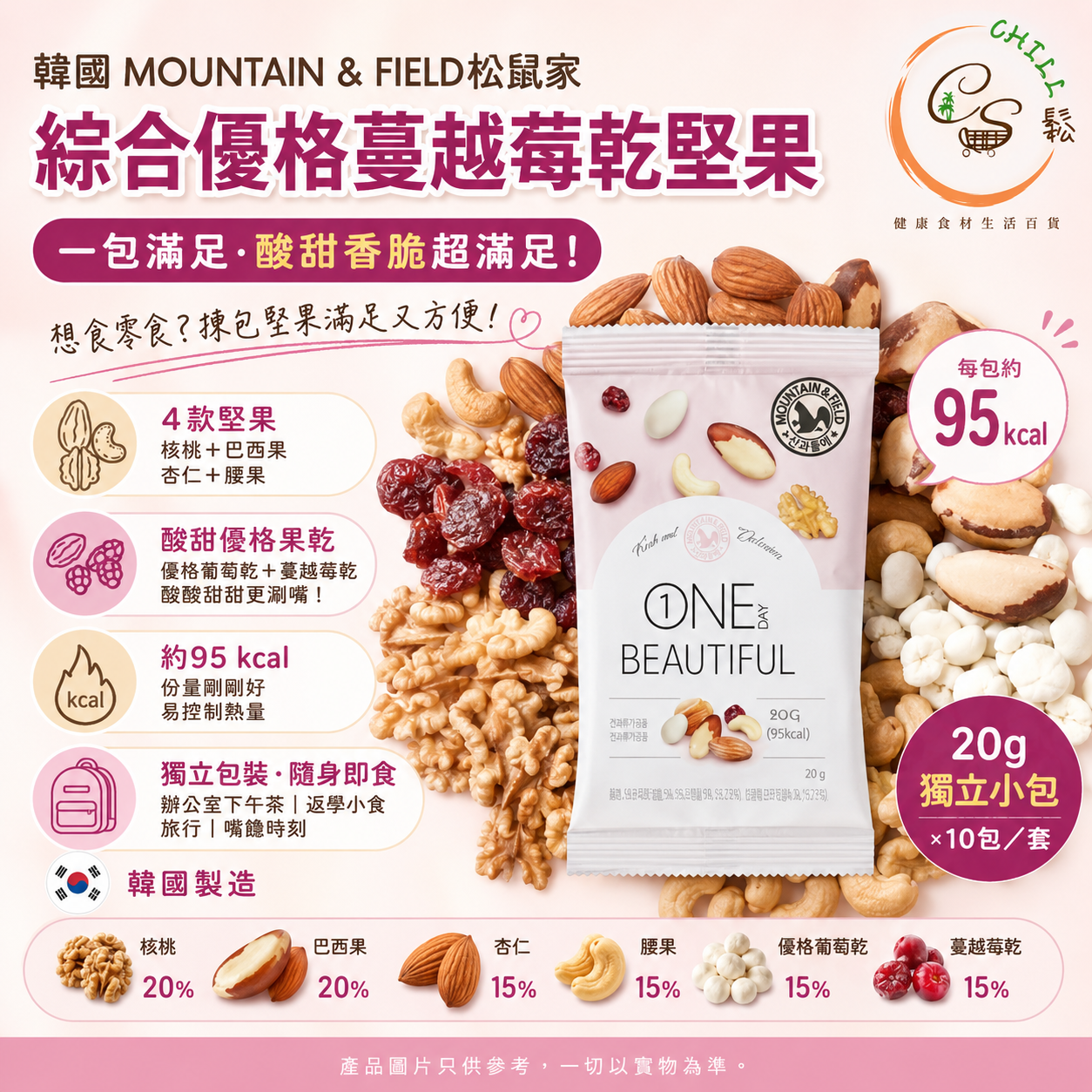 韓國 MOUNTAIN&FIELD 松鼠家綜合黃金比例粉優格堅果 20g (1套10包)