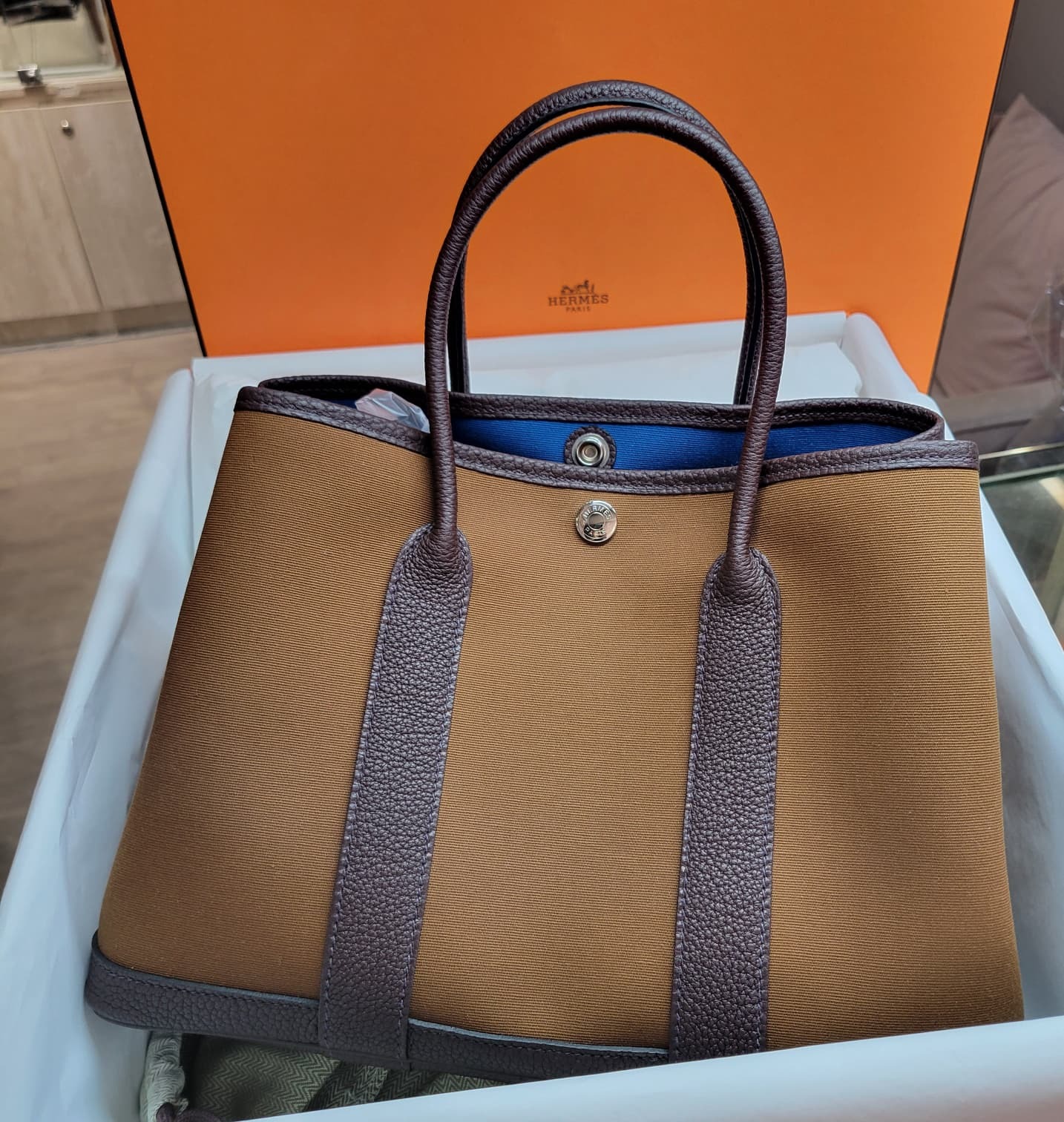UNUSED HERMES GARDEN PARTY 30 Alezan/Bleu Outremer/Rouge 栗子色