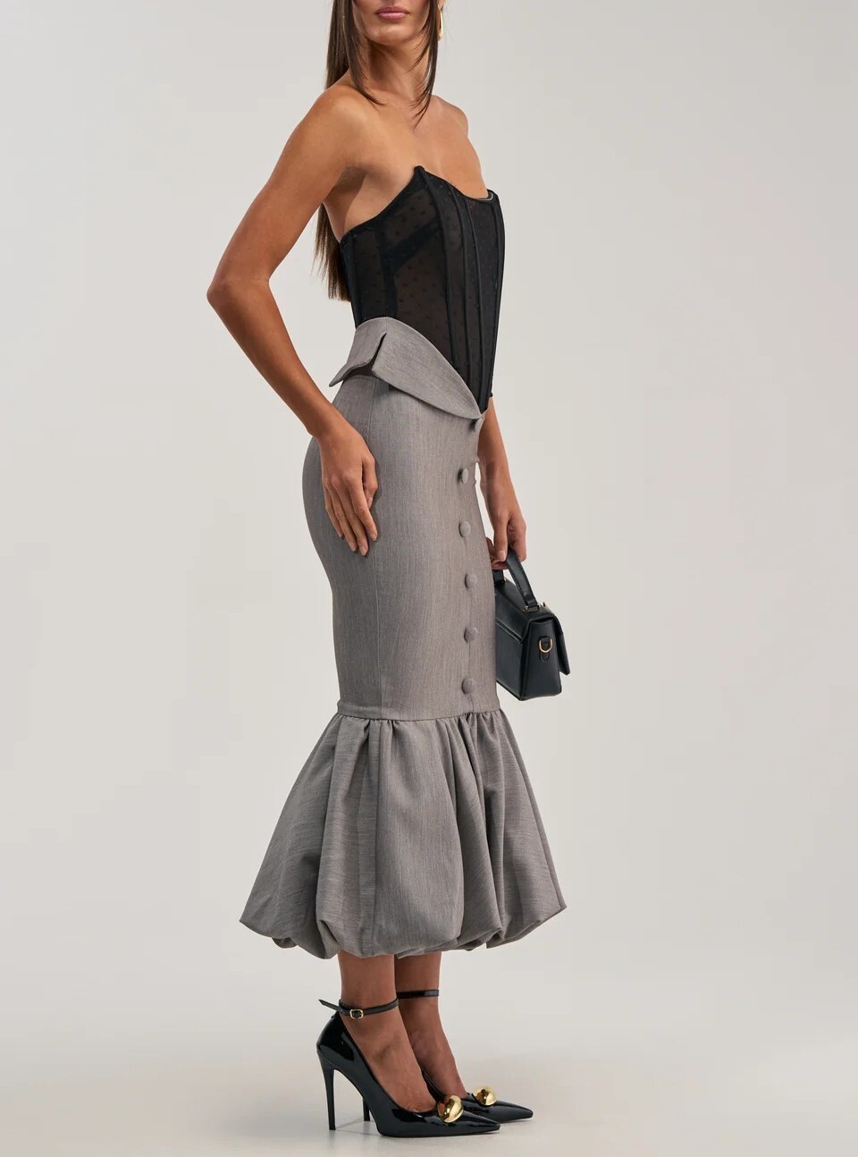 Date Night黑色點點網紗馬甲西裝裙Maxi Dress