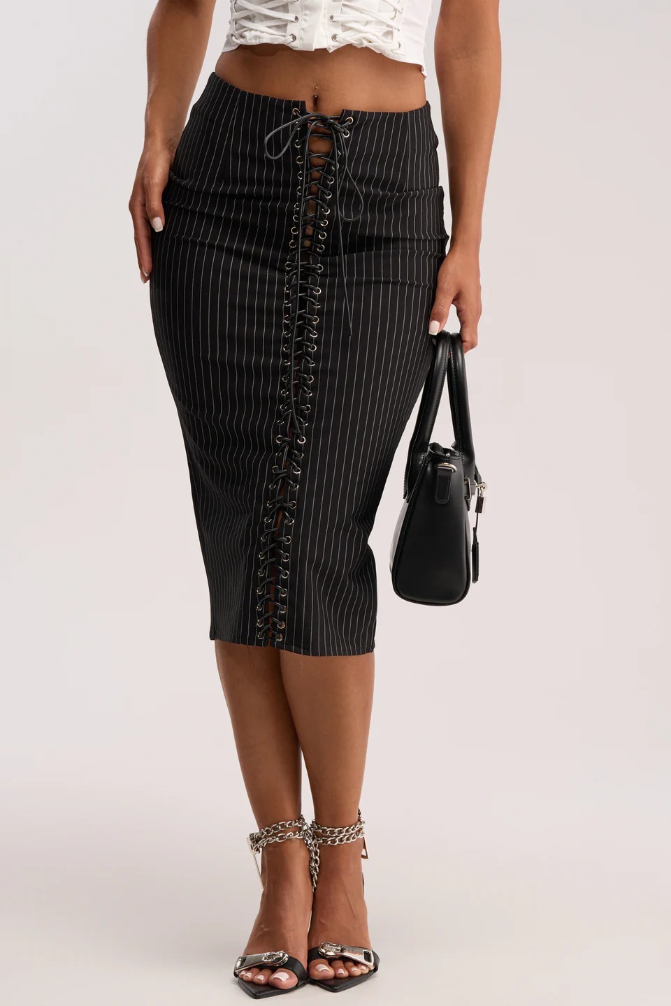 Biz Girl黑灰色直紋馬甲綁帶Midi Skirt