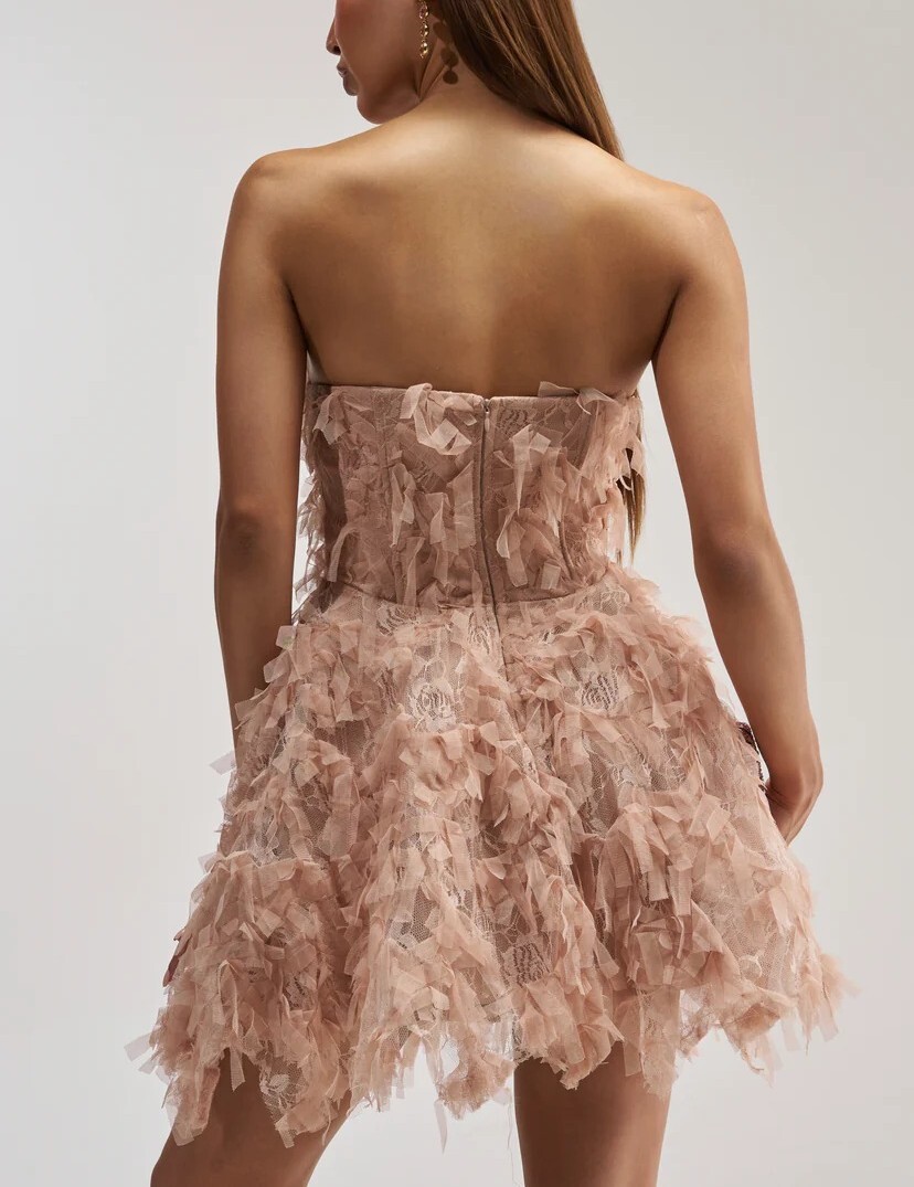 Mauve裸粉色立體蕾絲紗心型領Mini Dress