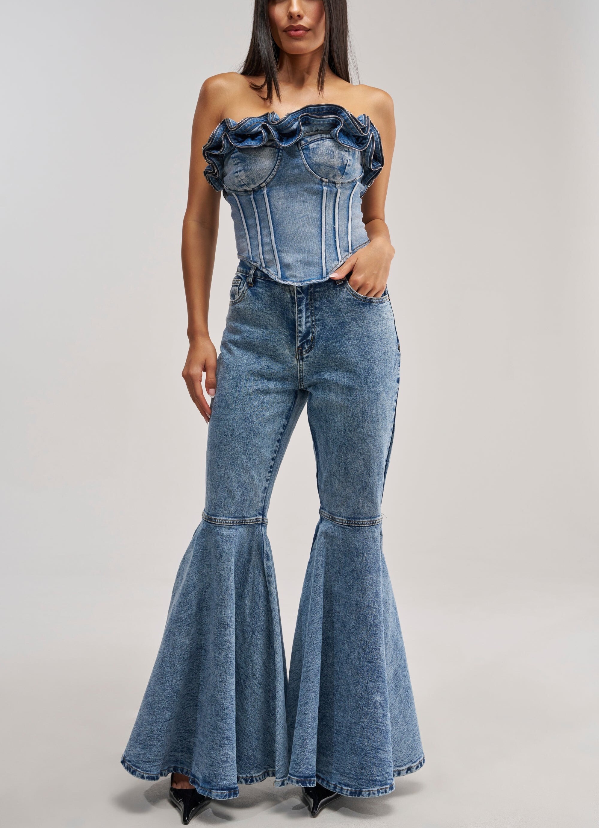 Denim Party單寧藍色高腰荷葉飾邊喇叭褲