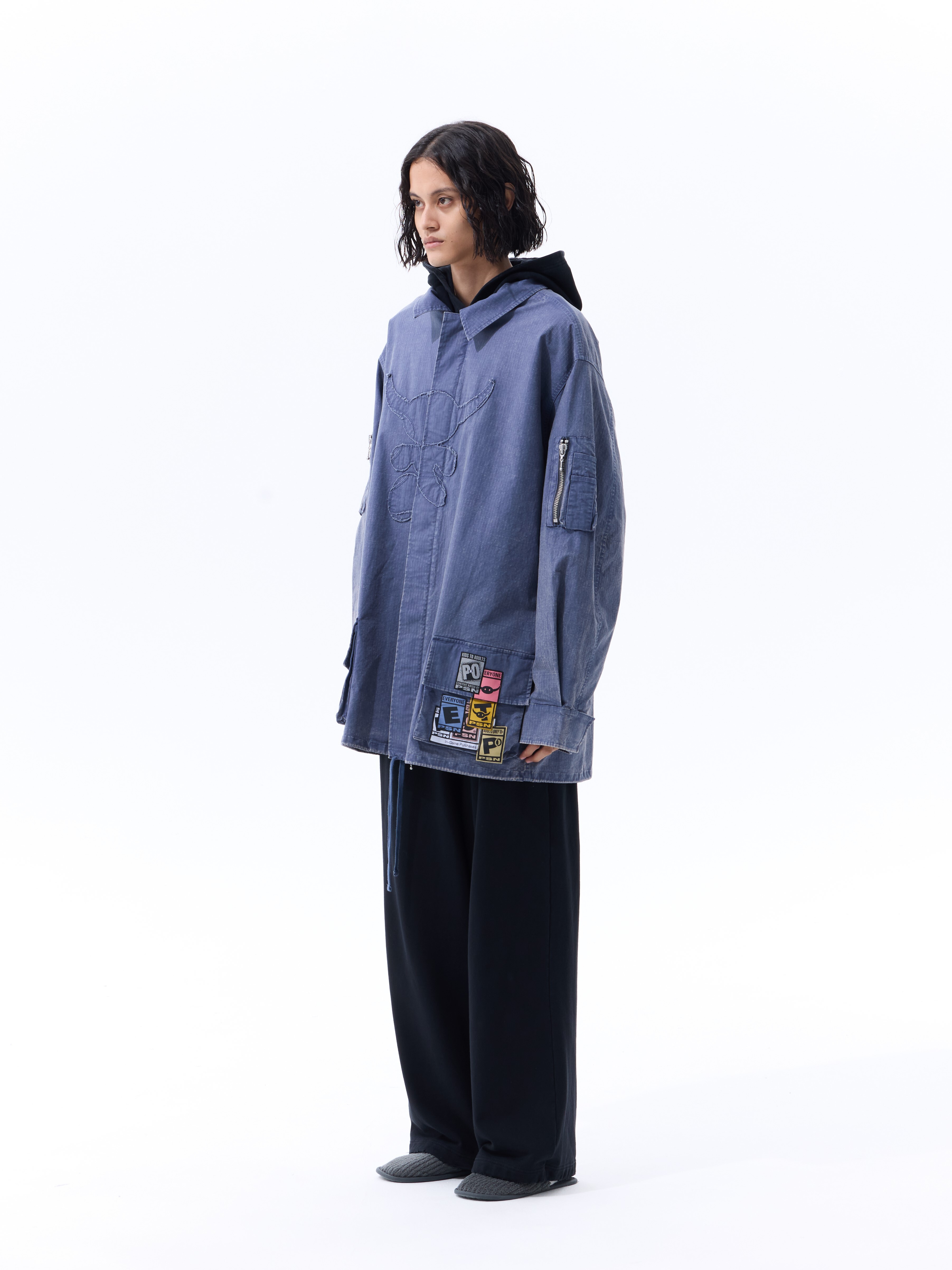 PSN/OWN 拼貼不修邊貼布Logo 水洗立領外套 GHOULIE JACKET P/O-SS26-6003