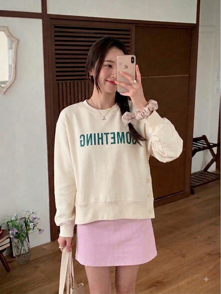 503095 SOMETHING側釦衛衣 杏色現貨