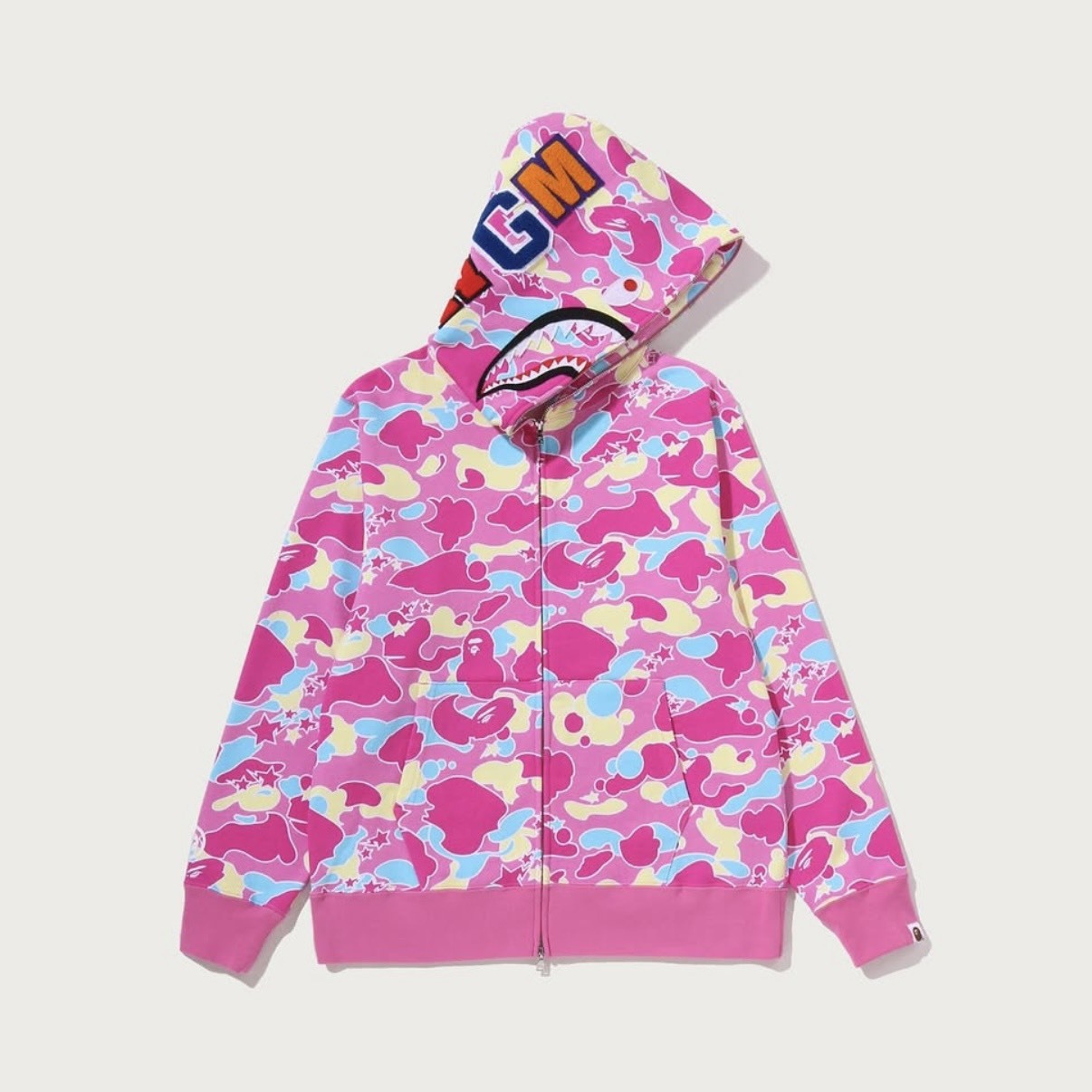 -(B7c01)-A BATHING APE BAPE STA CAMO SHARK FULL ZIP HOODIE 糖果 流星 迷彩 鯊魚外套 綠色/粉色-1M80115302