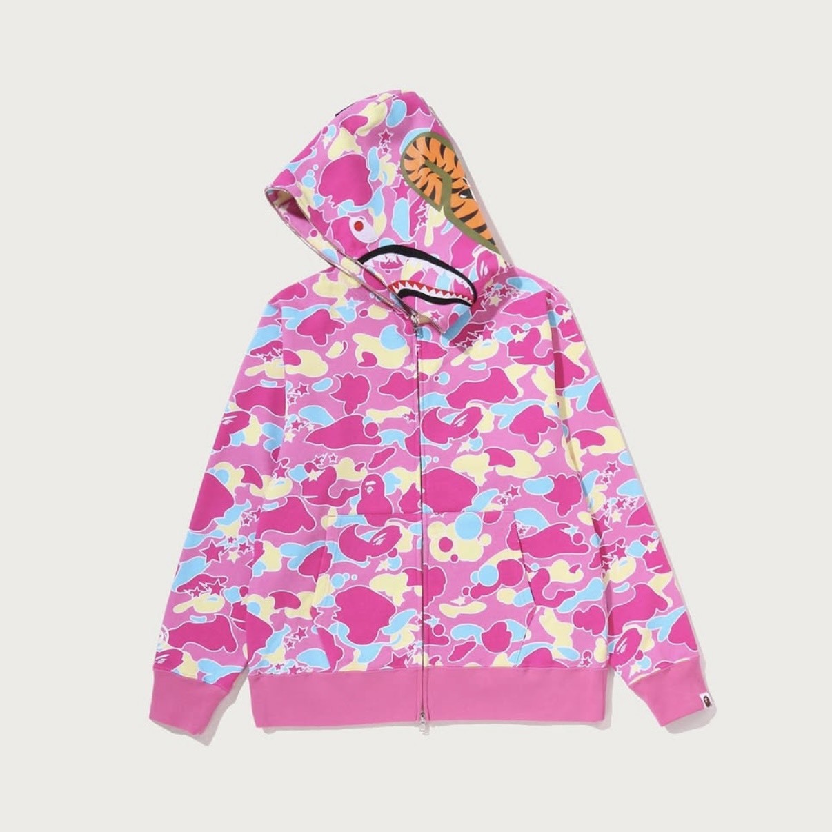 -(B7c01)-A BATHING APE BAPE STA CAMO SHARK FULL ZIP HOODIE 糖果 流星 迷彩 鯊魚外套 綠色/粉色-1M80115302