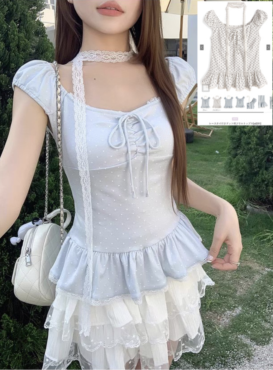 JP1280｜少女氣息🐚⋆❀˖°🫧 波點蕾絲邊下擺荷葉袖連頸帶上衣