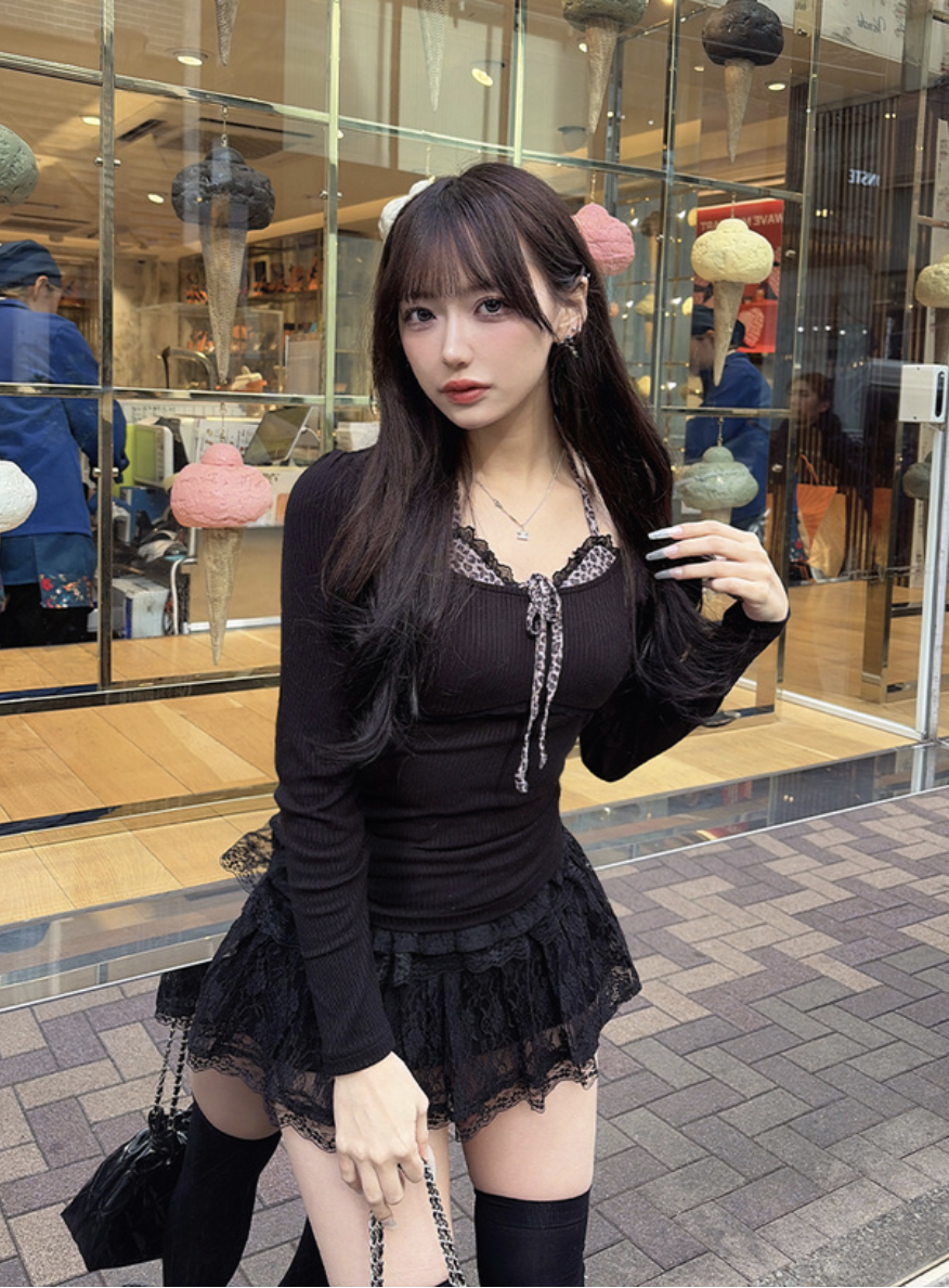 JP1282｜小野性🐆⚡︎🖤 蕾絲豹紋掛頸假兩件長袖上衣