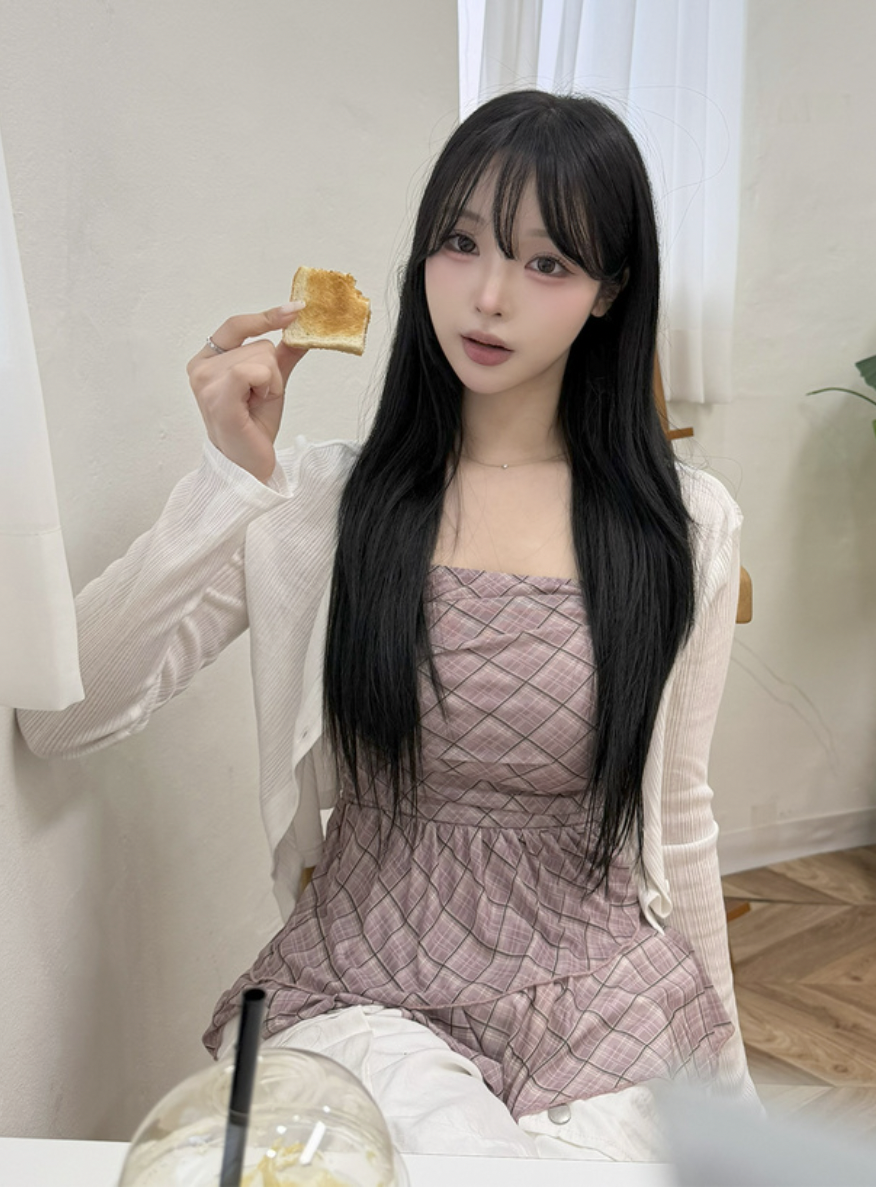 JP1283｜不規則格紋薄紗吊帶OPS連直紋長袖外套SET˚ ༘ 🦕🎀𖦹⋆｡˚