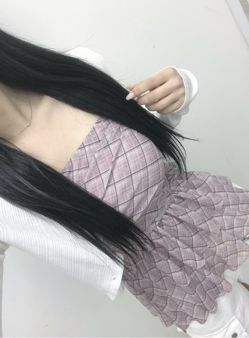 JP1283｜不規則格紋薄紗吊帶OPS連直紋長袖外套SET˚ ༘ 🦕🎀𖦹⋆｡˚