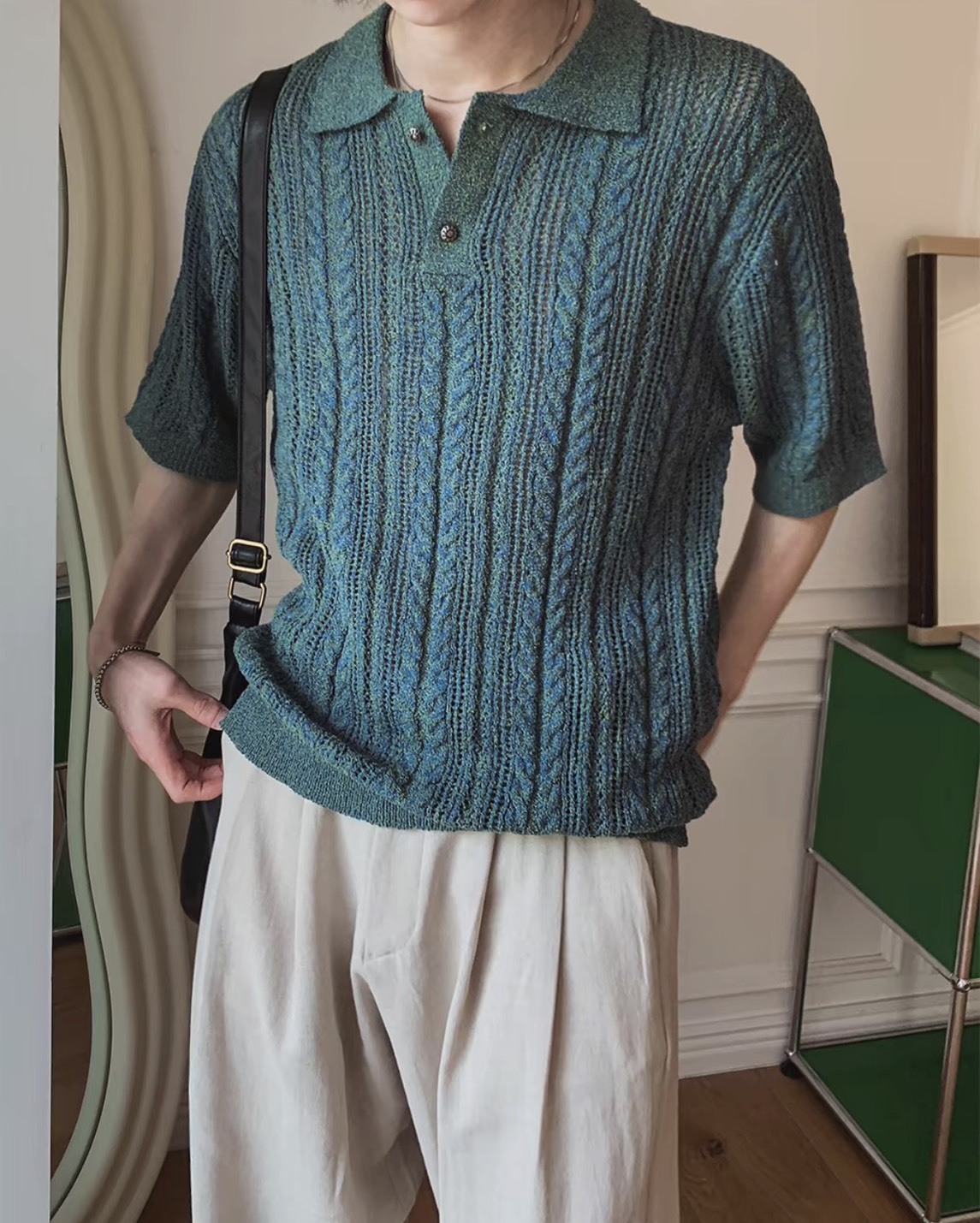 RETRO CABLE-KNIT POINTELLE SHORT-SLEEVE POLO SHIRT