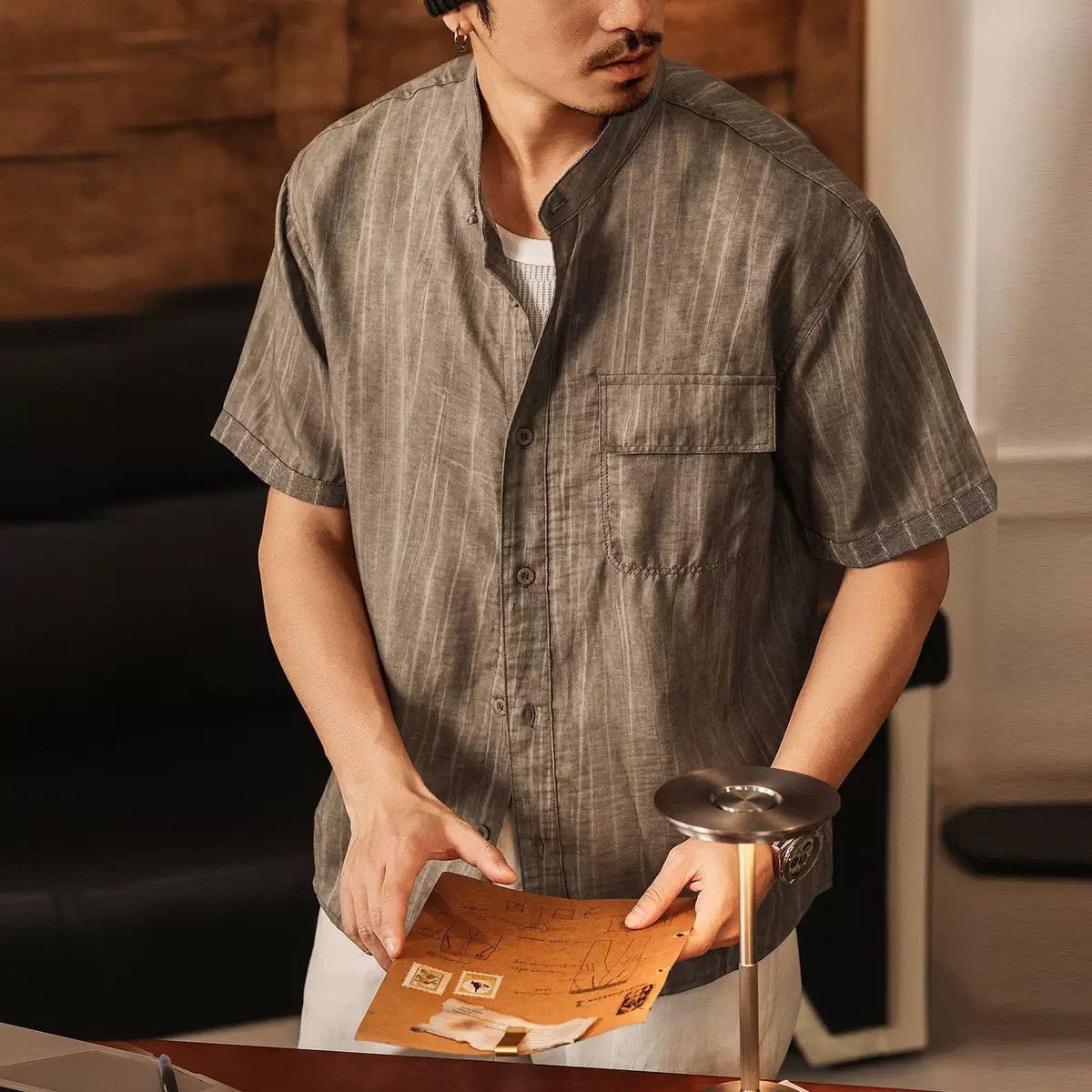 Retro Clean Fit Lyocell-Linen Slub-Stripe Band-Collar Shirt