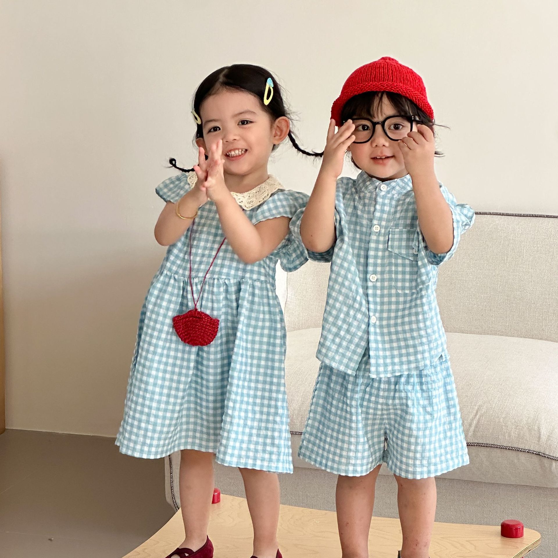 【H1128】夏日度假風藍色格子兄妹裝(80-150)